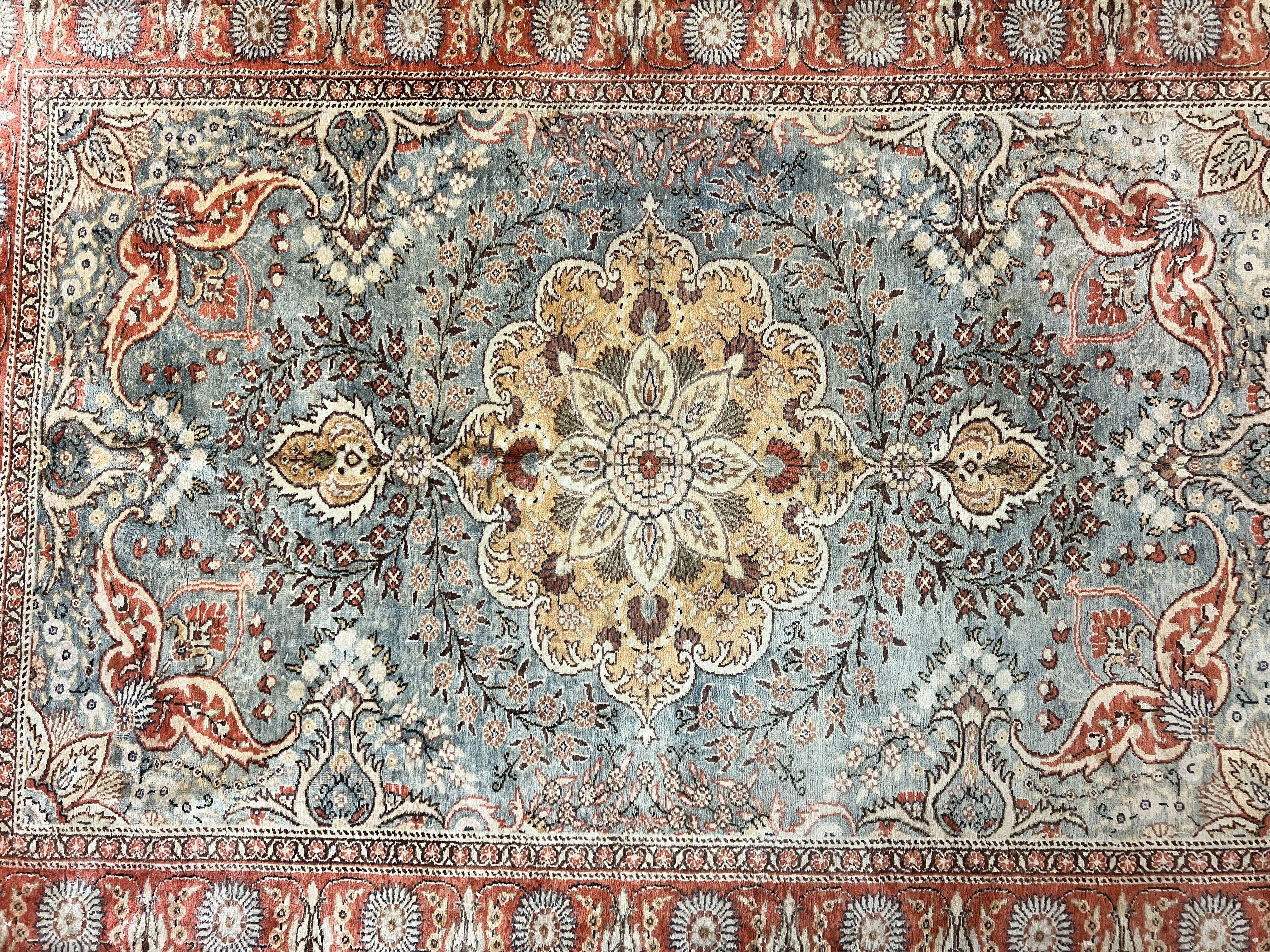 Silk Turkish Rug 5x7, Light Blue Silk Carpet, Floral Medallion, Turkish Kayseri Rug, Vintage Handmade Oriental Rug - Jewel Rugs