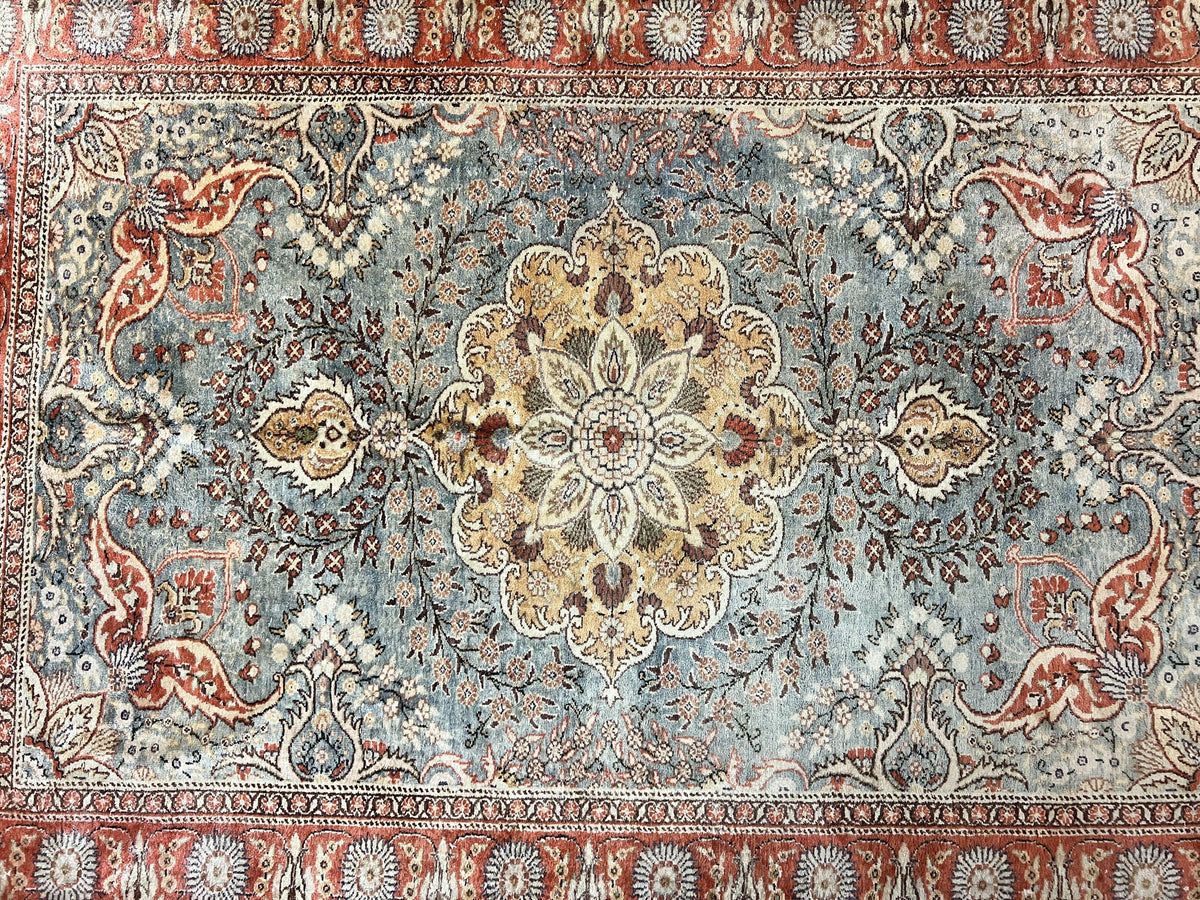 Silk Turkish Rug 5x7, Light Blue Silk Carpet, Floral Medallion, Turkis ...