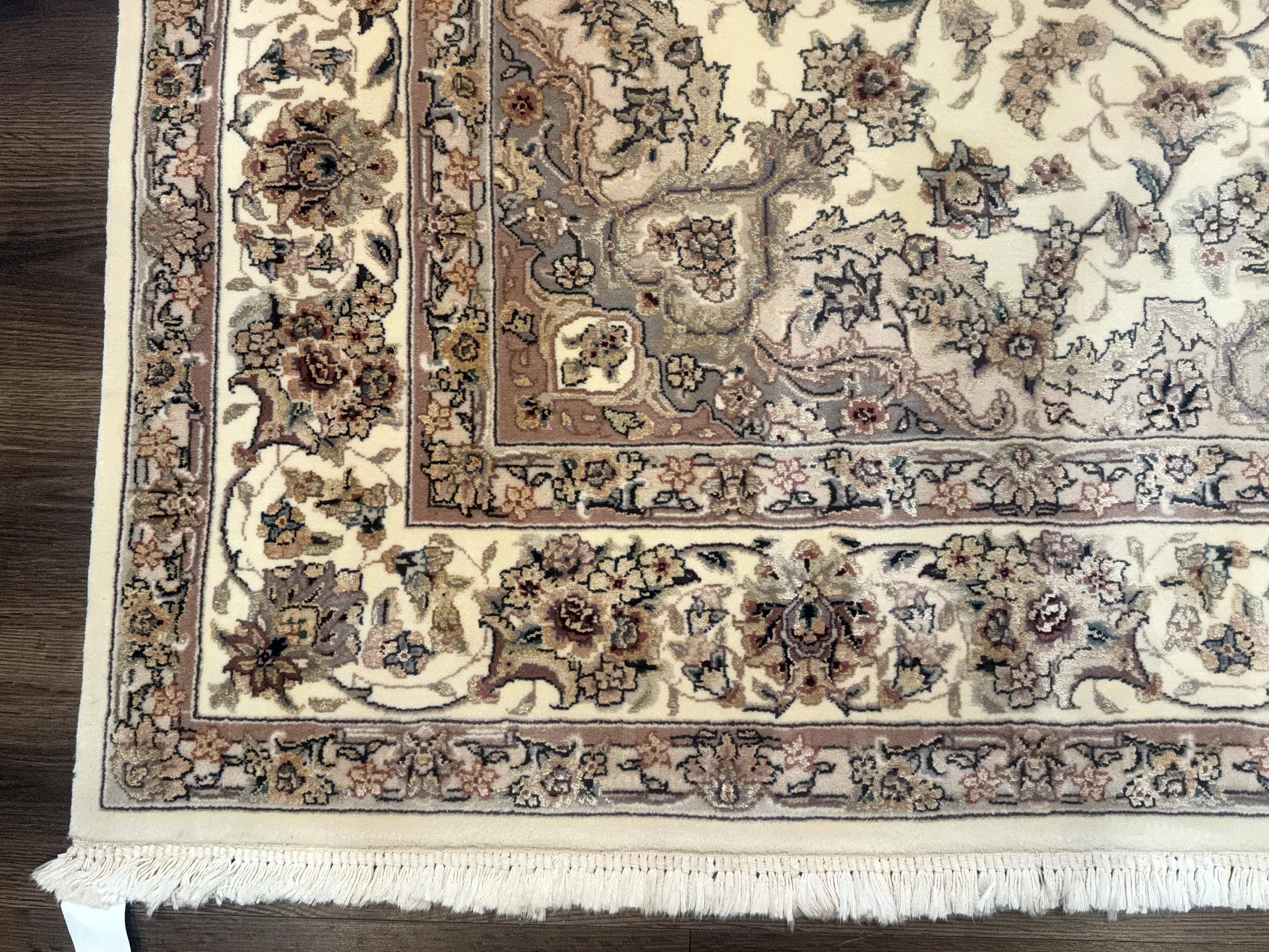 Sino Persian Rug 6x9, Floral Medallion, Ivory & Taupe, Wool with Silk Highlights, Fine 210 KPSI - Jewel Rugs