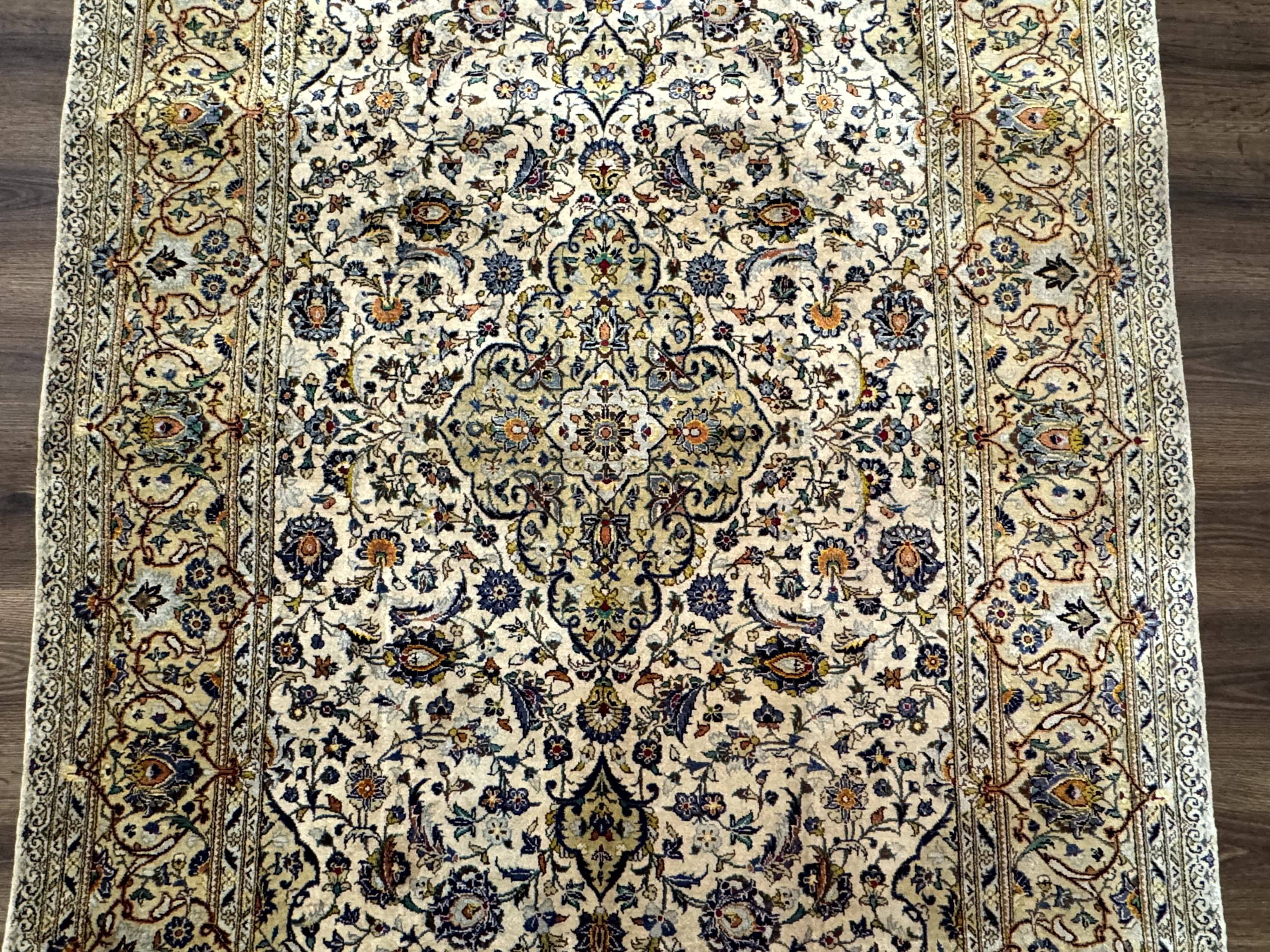 Rare Silk Persian Kashan Rug 4.6 x 7, Antique Fine 310 KPSI, Ivory - Jewel Rugs