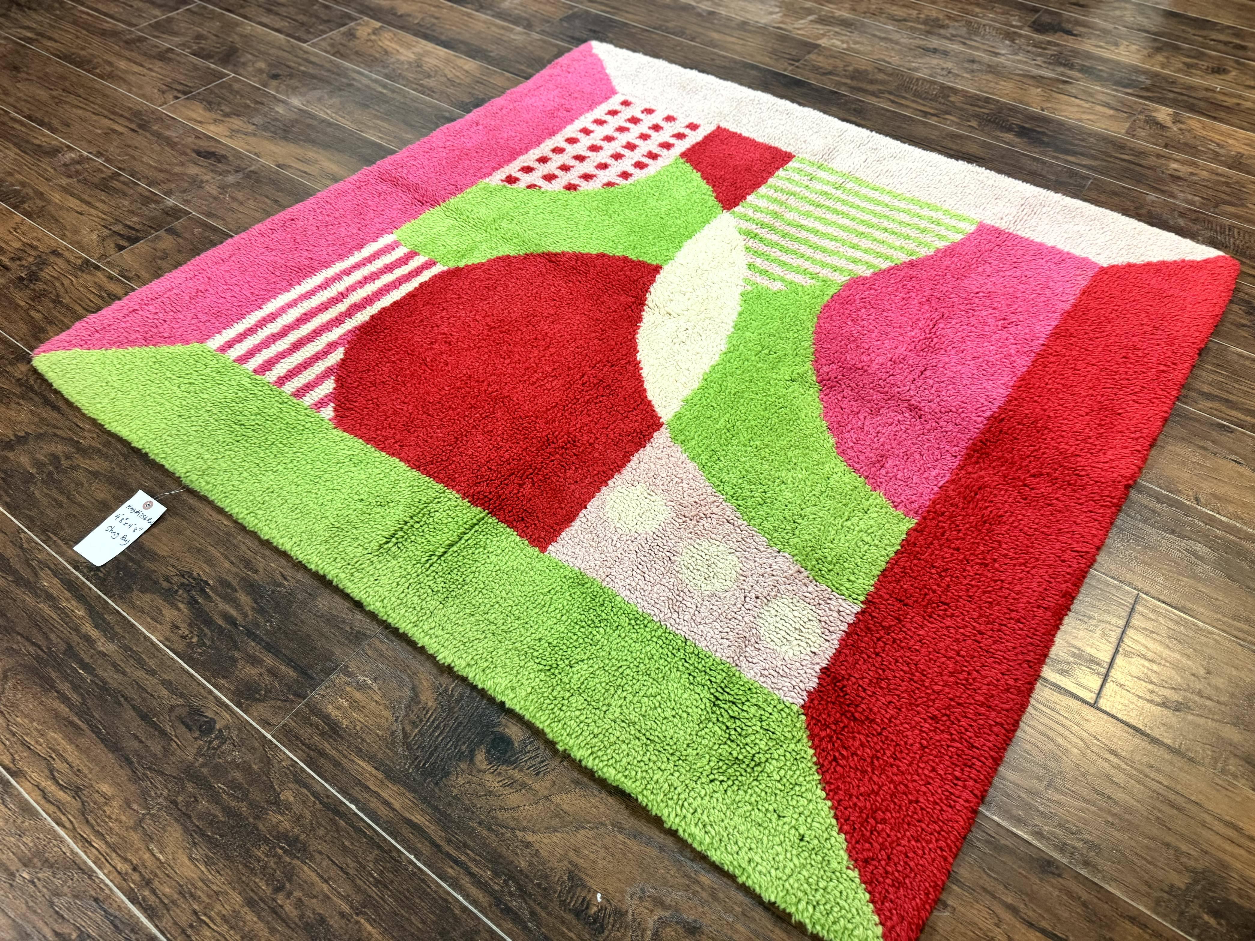 European Shag Rug 4.8 x 4.8, Modern Abstract Design, Green Pink Red, Square Shag Rug, Unique - Jewel Rugs