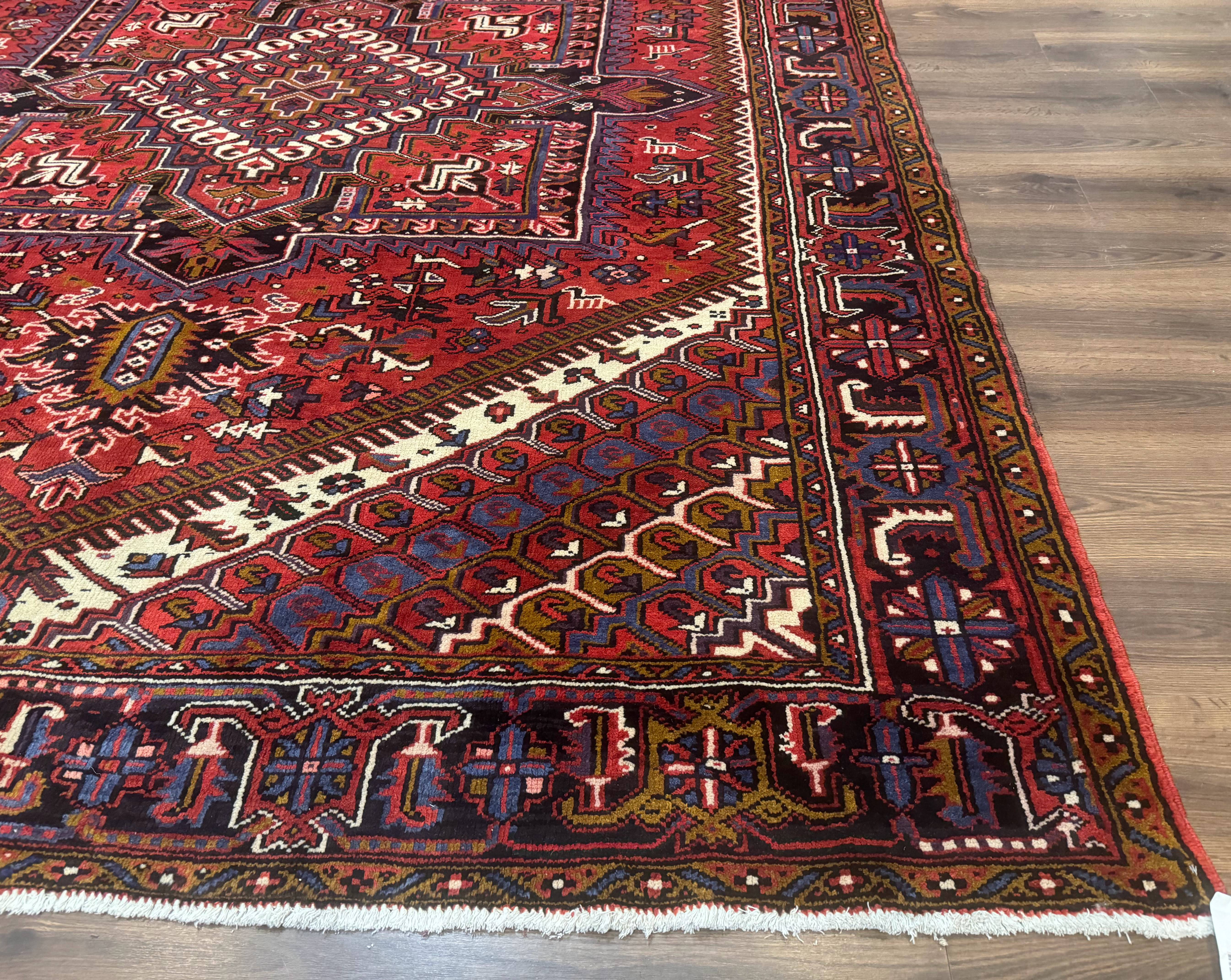 Persian Heriz Rug 8.6 x 11, Geometric Design, Red, Vintage - Jewel Rugs