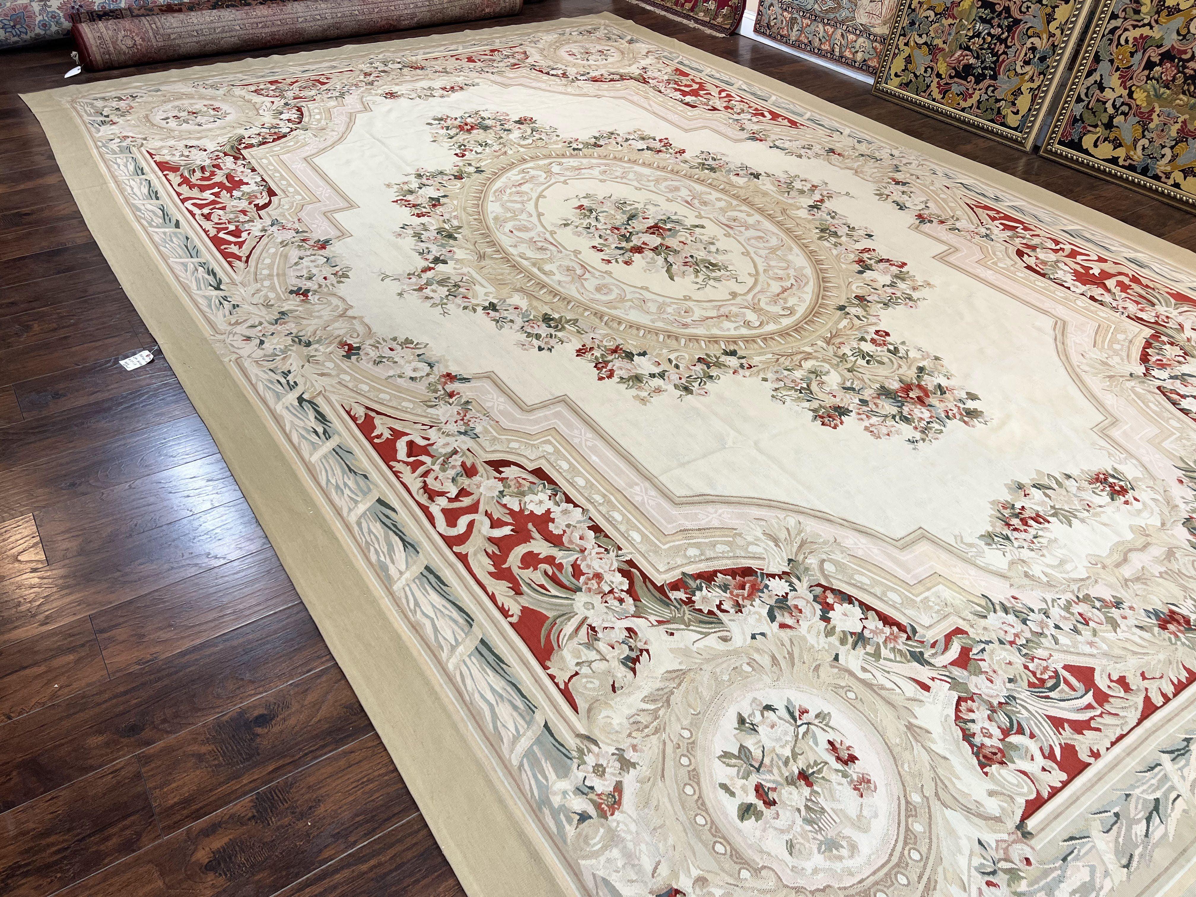 Large Aubusson Rug 11x17, Wool Handmade Vintage Carpet, Ivory Beige, French European Elegant Design, Palace Size Rug - Jewel Rugs