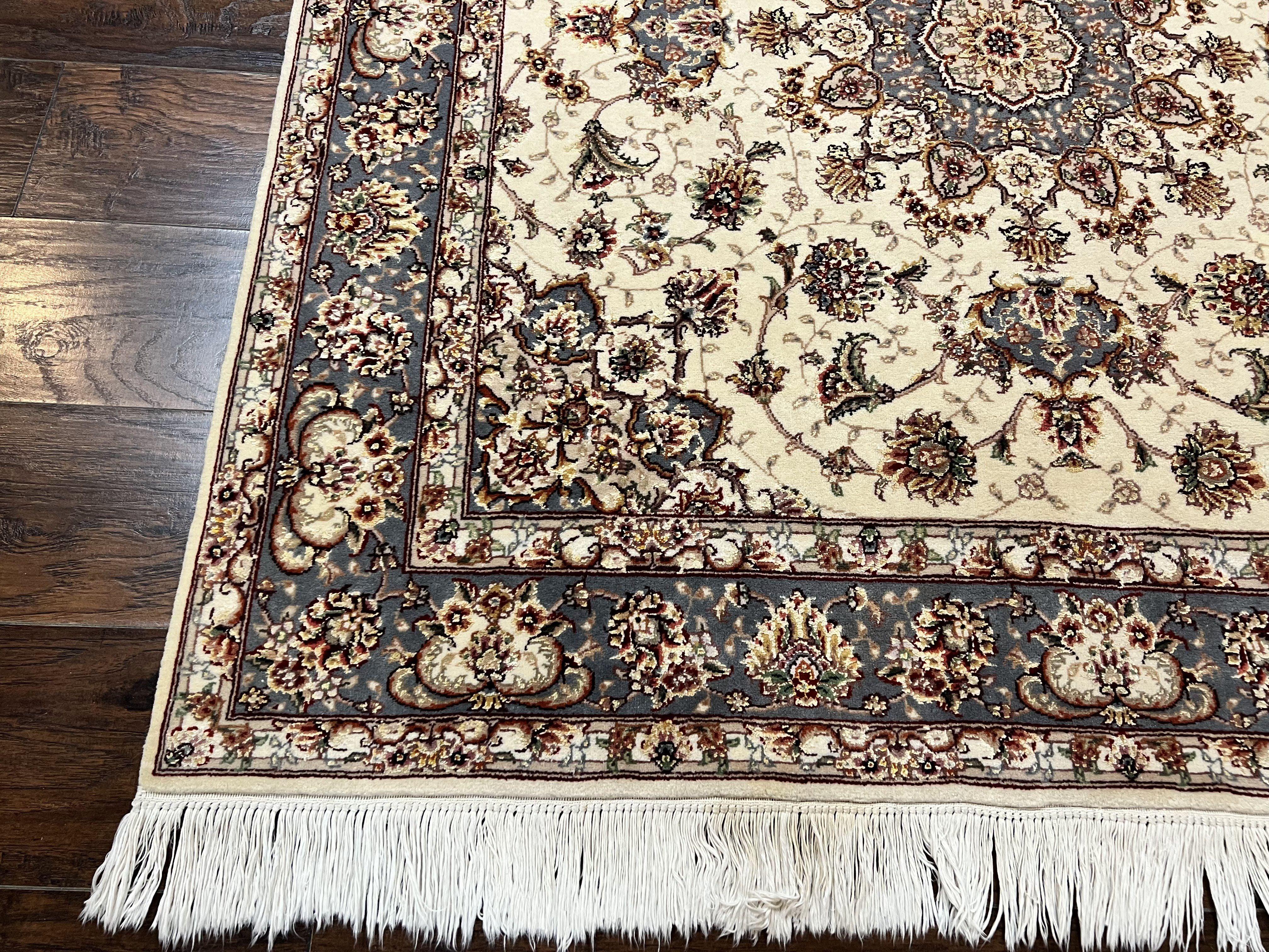 Sino Persian Square Rug 5x5, Very Fine Oriental Carpet, Wool & Silk Highlights, Ivory, Hand Knotted Handmade Vintage Traditional Rug - Jewel Rugs