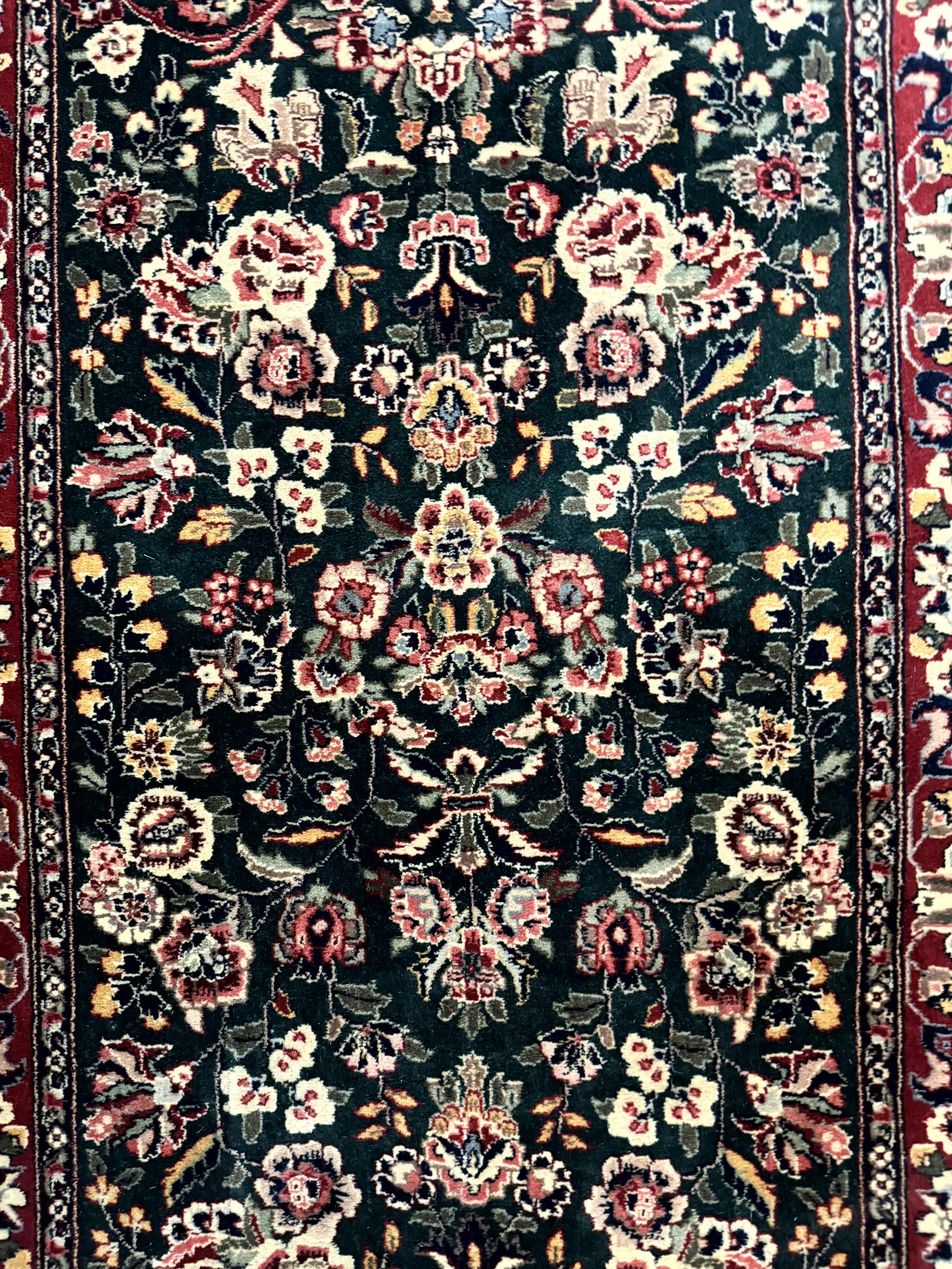 Pak Persian Runner Rug 3x12 – Dark Green and Wine Red, Hand-Knotted Wool, Vintage - Jewel Rugs