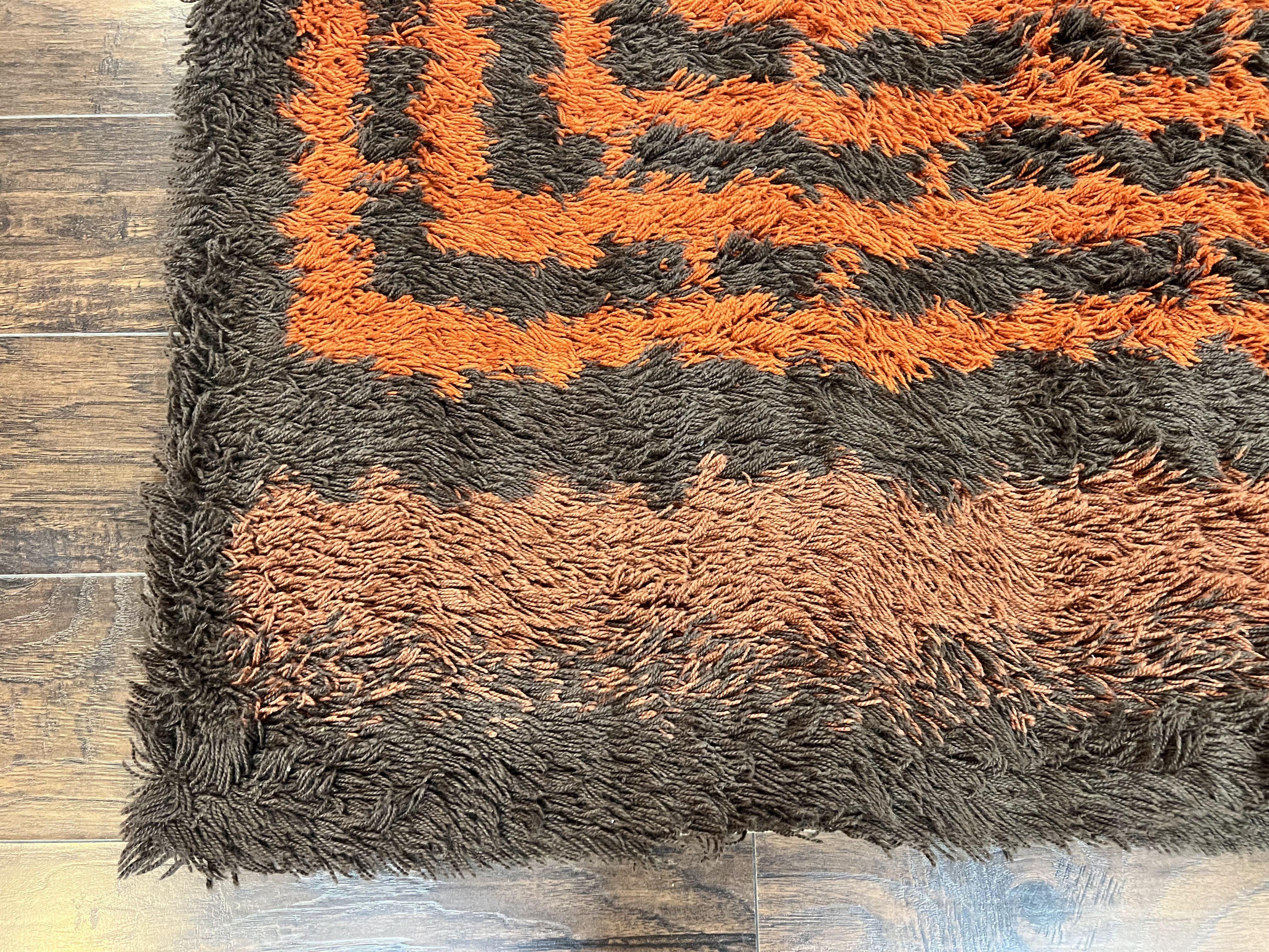 Vintage Rya Shag Rug 4.6 x 6.6, Abstract Design, Brown and Orange, Mid Century Danish Rya Carpet - Jewel Rugs