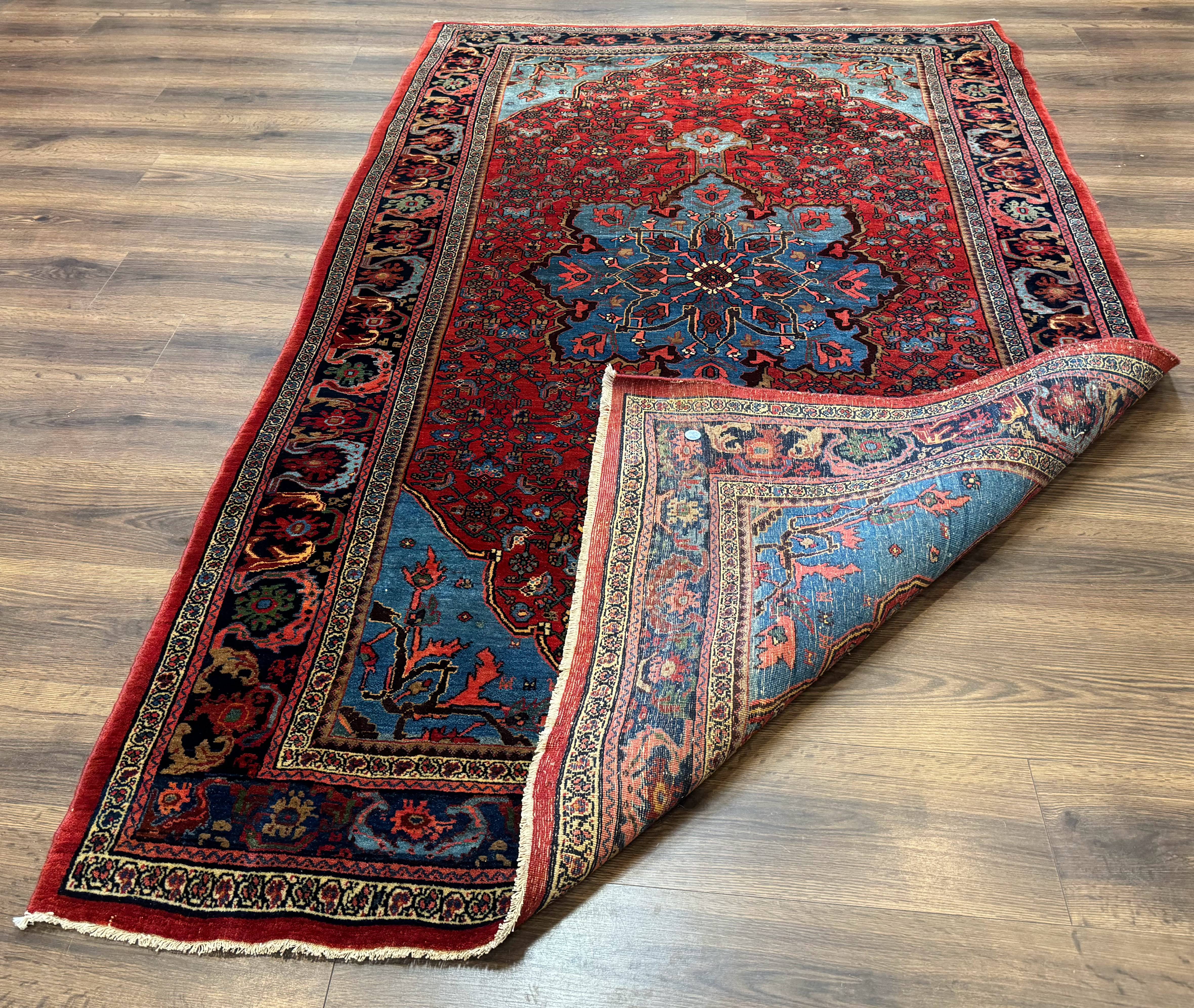 Antique Persian Bijar Rug 5x8, Red and Navy Blue, Medallion and Corner Design - Jewel Rugs