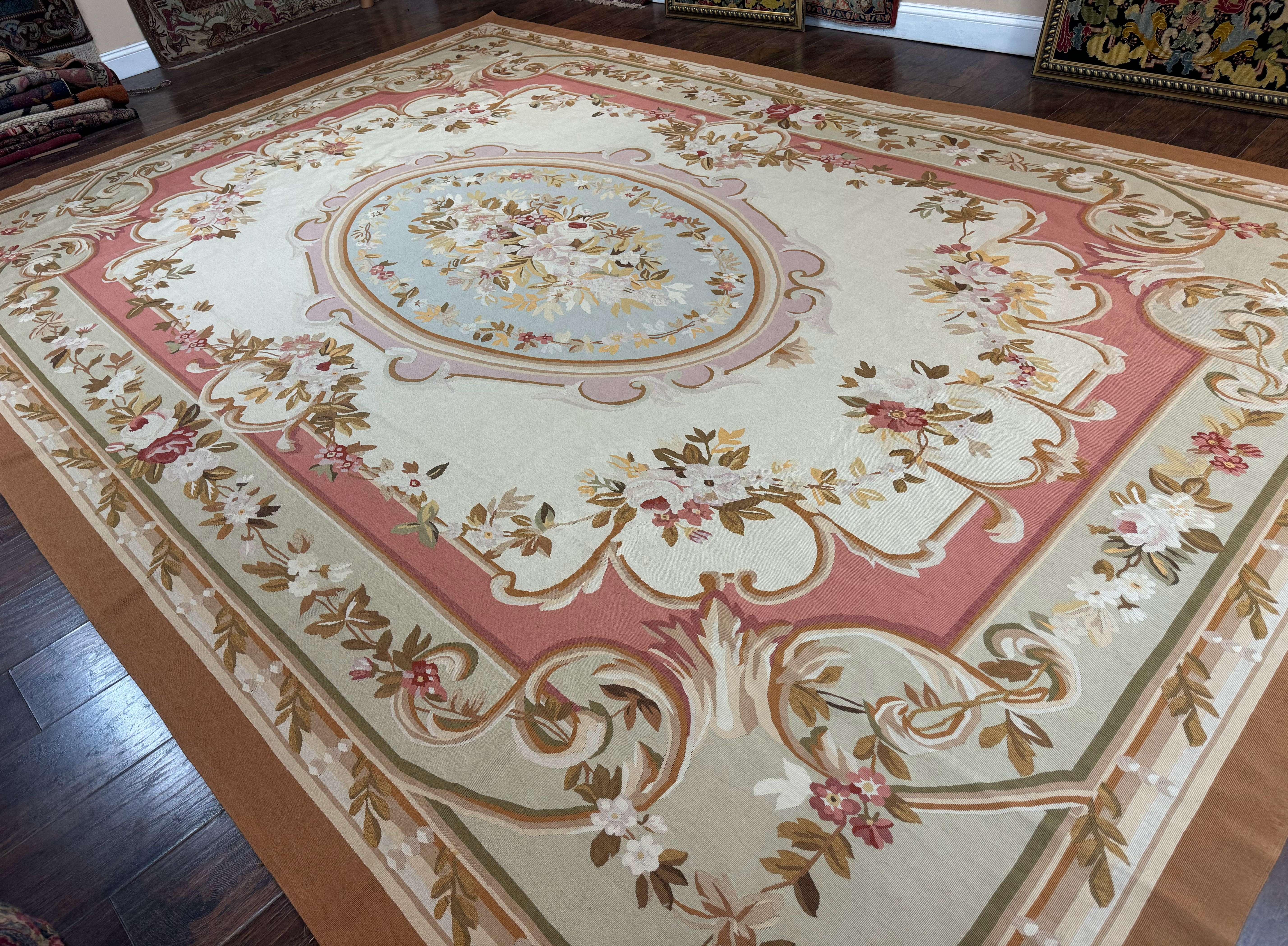 French Aubusson Rug 10x14, Vintage Flatweave European Handmade Carpet, Ivory LIght Blue Pink, Large Aubusson Rug - Jewel Rugs