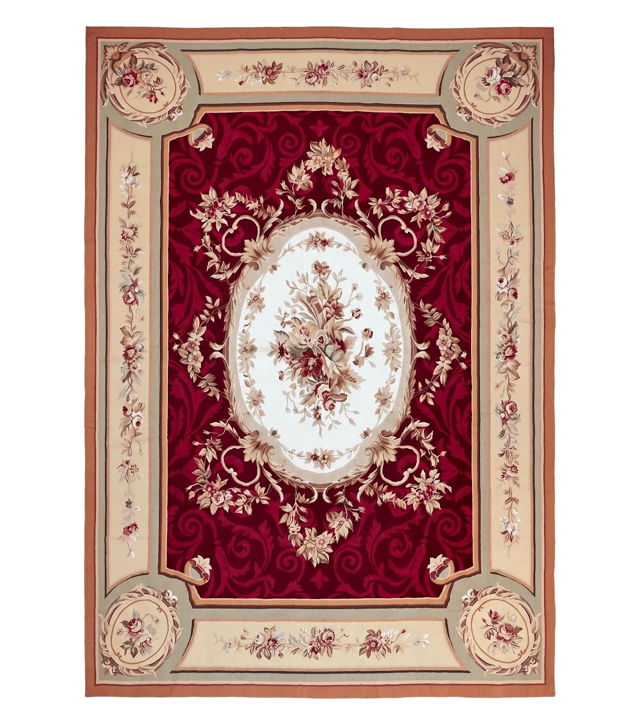 As you European Carpet　絨毯 Large Aubusson Rug 10x14, Wool Handmade Vintage Carpet, Dark Red