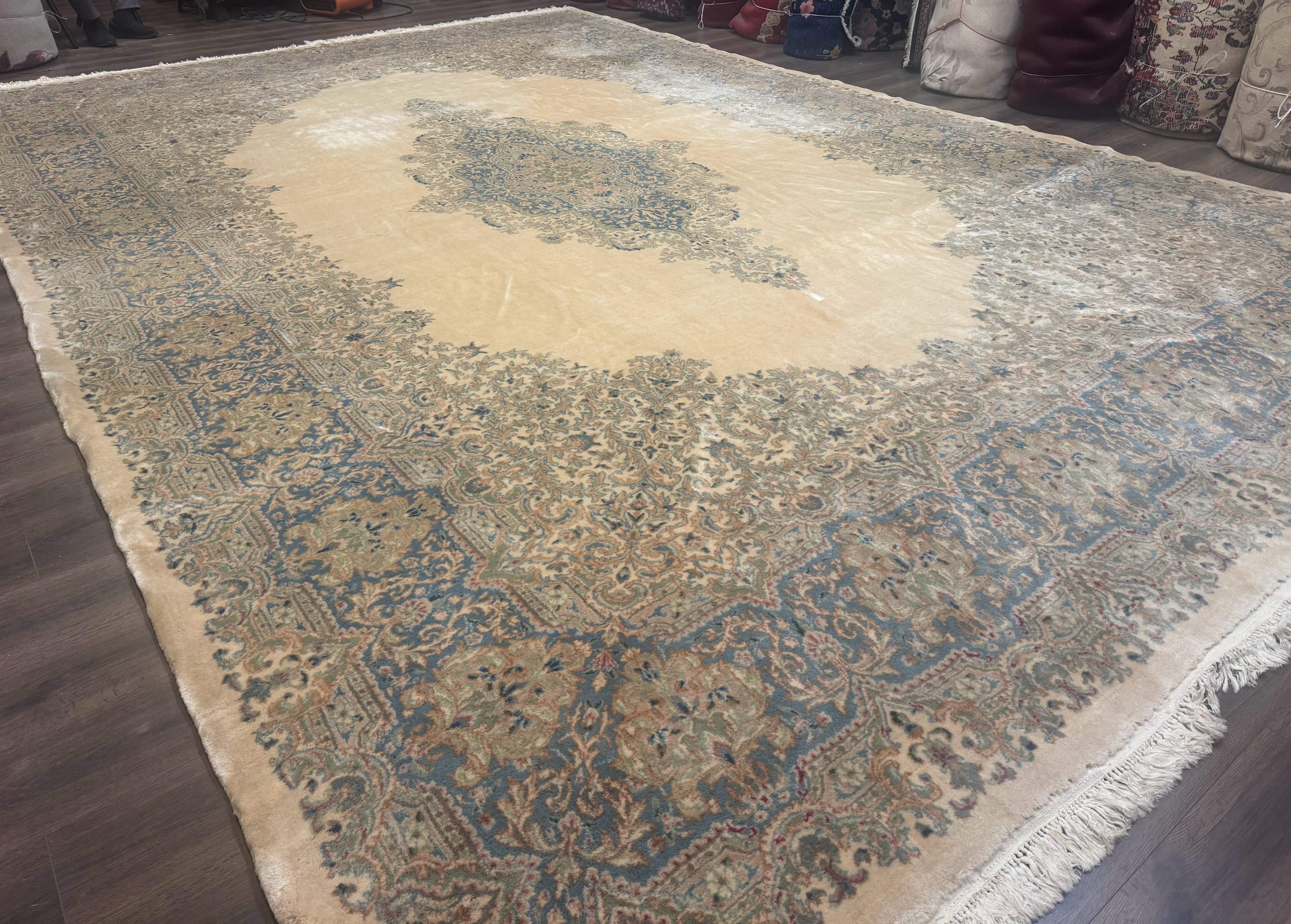 Palace Size Persian Kerman Rug 12x18, Floral Kirman Rug, Ivory Light Blue Pink, Pastel Colors, Vintage Persian Rug, Signed, Fine 240 KPSI - Jewel Rugs