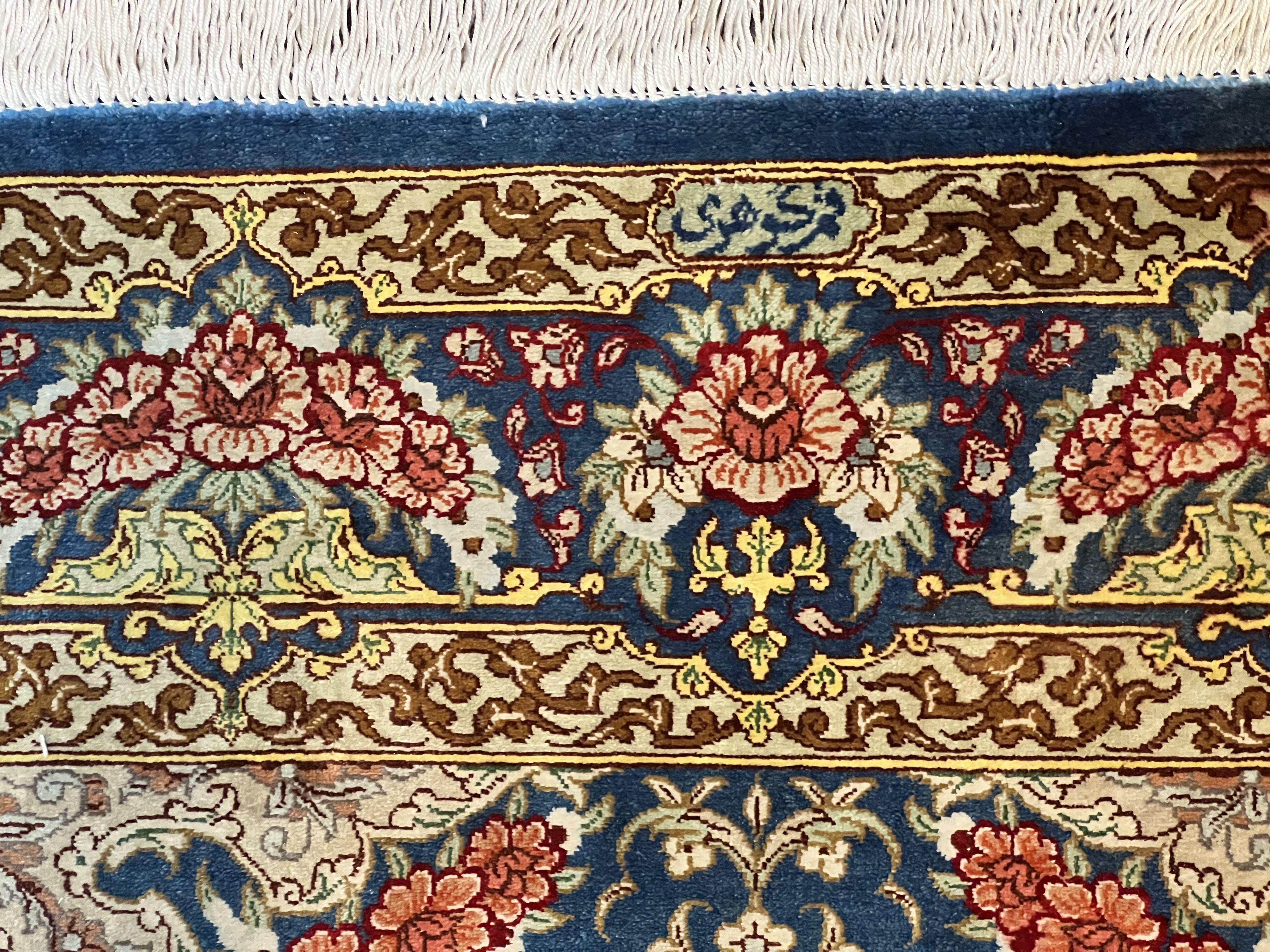 Magnificent Persian Qum Silk Rug 3x5, Blue, Super Fine 675 KPSI - 70 Raj, Floral Roses, Handmade Vintage Silk Carpet, Masterpiece - Jewel Rugs