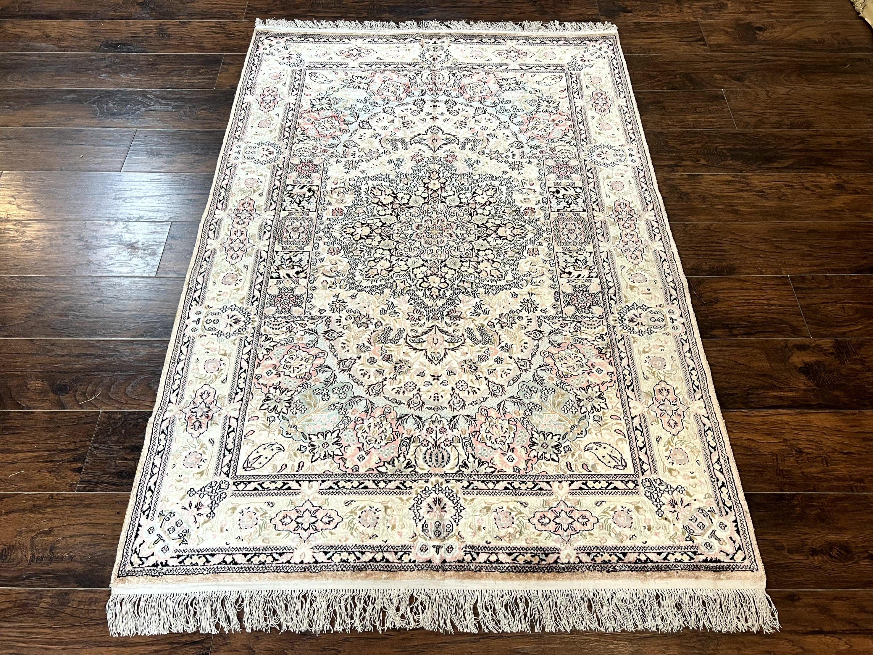 Silk Indian Kashmiri Rug 4x6, Handmade Vintage Silk Carpet, Ivory and Multicolor, Detailed Fine 240 KPSI - Jewel Rugs