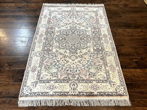 Silk Indian Kashmiri Rug 4x6, Handmade Vintage Silk Carpet, Ivory and Multicolor, Detailed Fine 240 KPSI