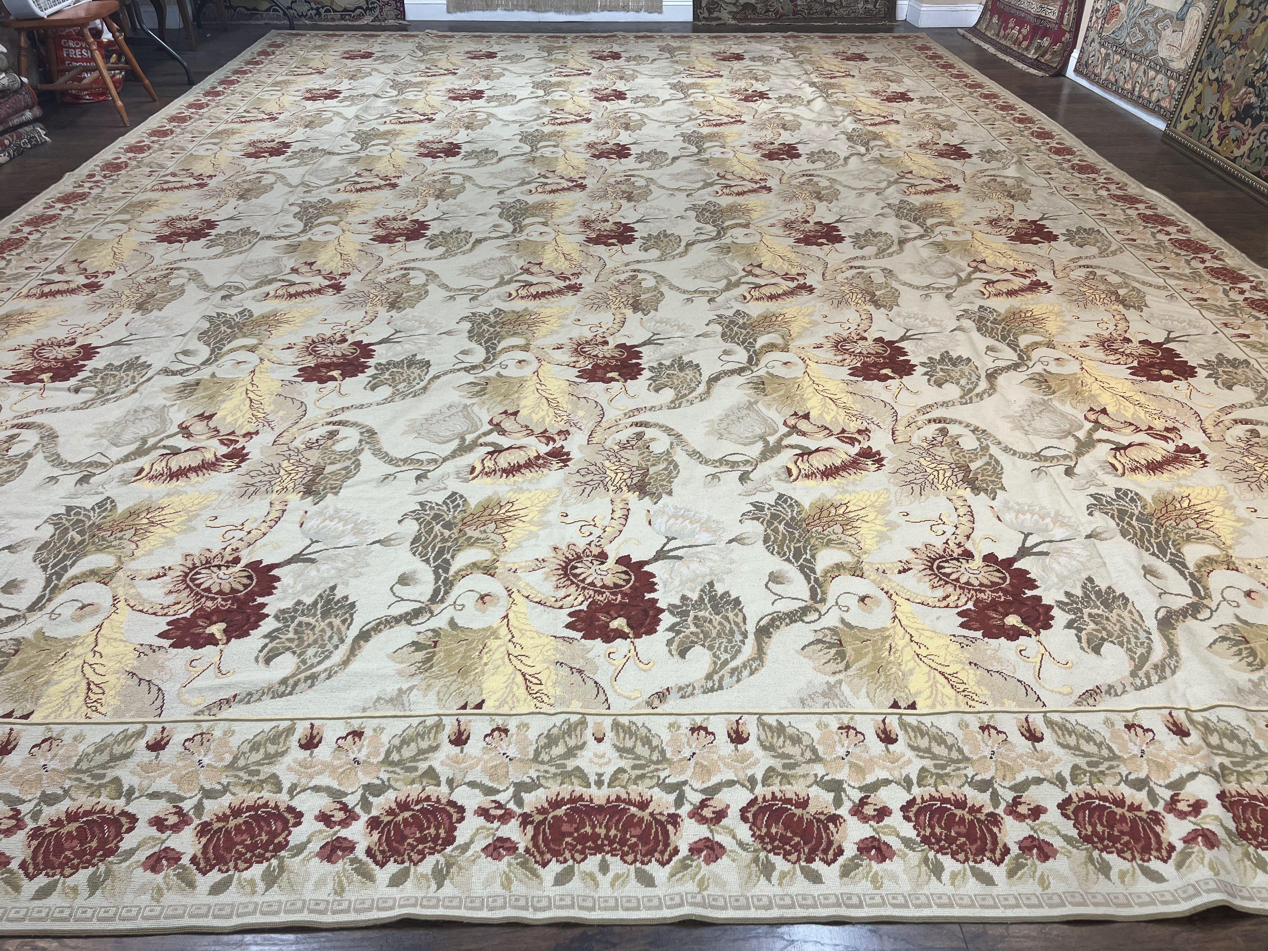 Extra Large Needlepoint Rug 14 x 20, Vintage Handwoven Handmade Wool Flatweave Carpet, Allover Floral Pattern, Elegant European Deisgn Rug - Jewel Rugs