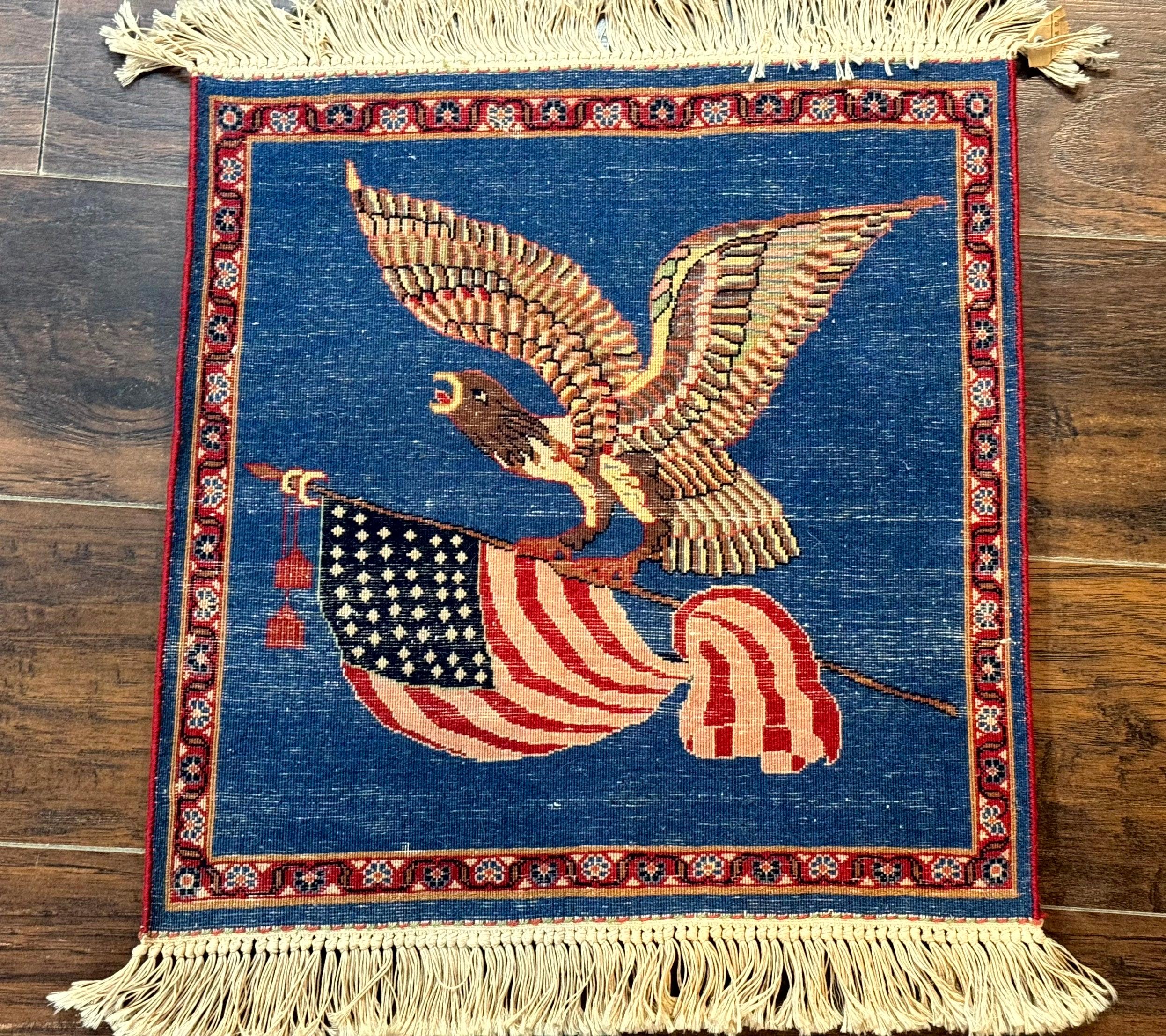 Pictorial Rug of American Flag with Bald Eagle, Small Indo Persian Pictorial Rug, Blue, Handmade, Very Fine 330 KPSI - Jewel Rugs