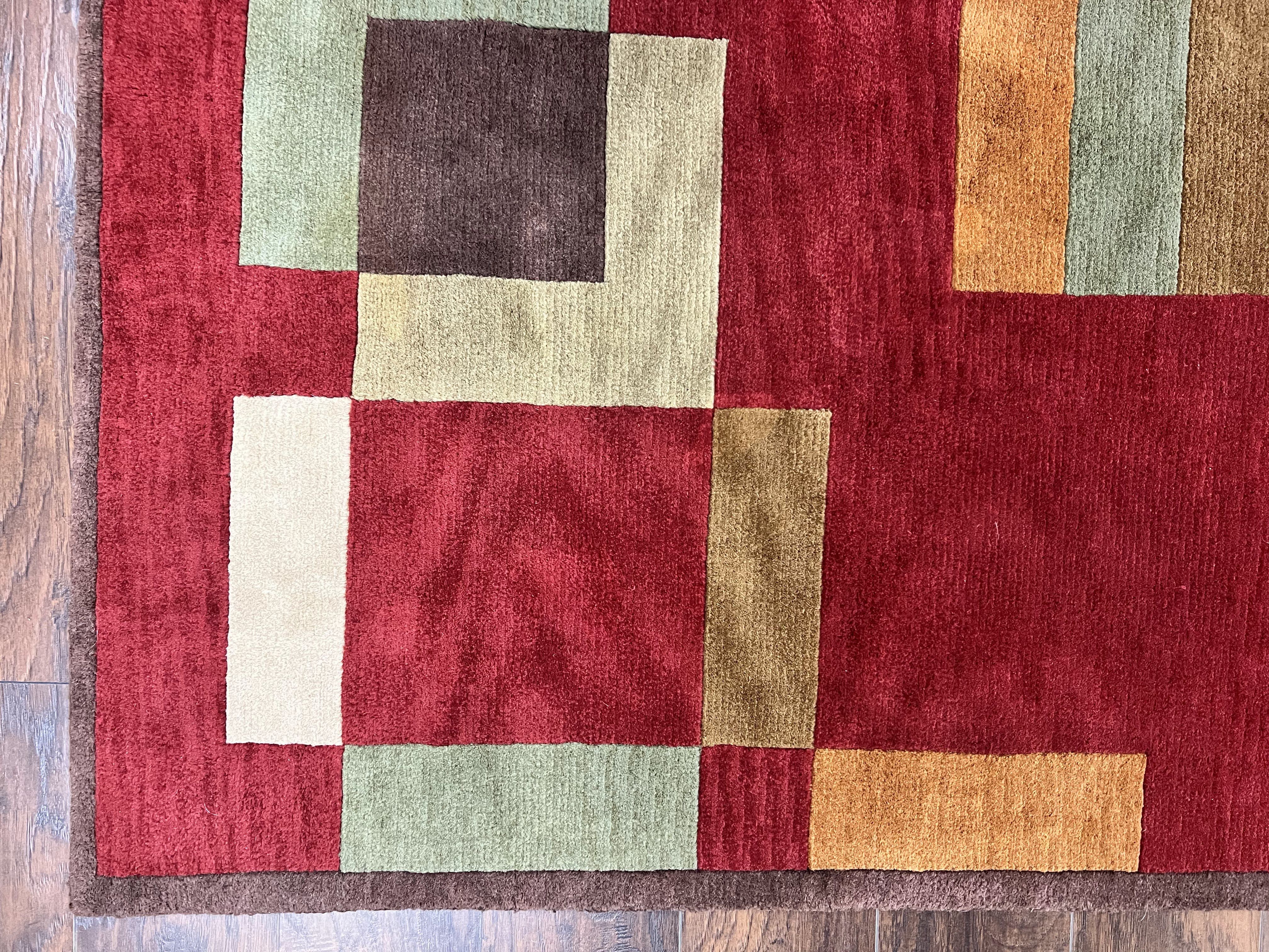 Indo Tibetan Modern Rug 5x8, Abstract Rug 5 x 8 ft, Red Multicolor Wool Handmade Contemporary Area Rug - Jewel Rugs