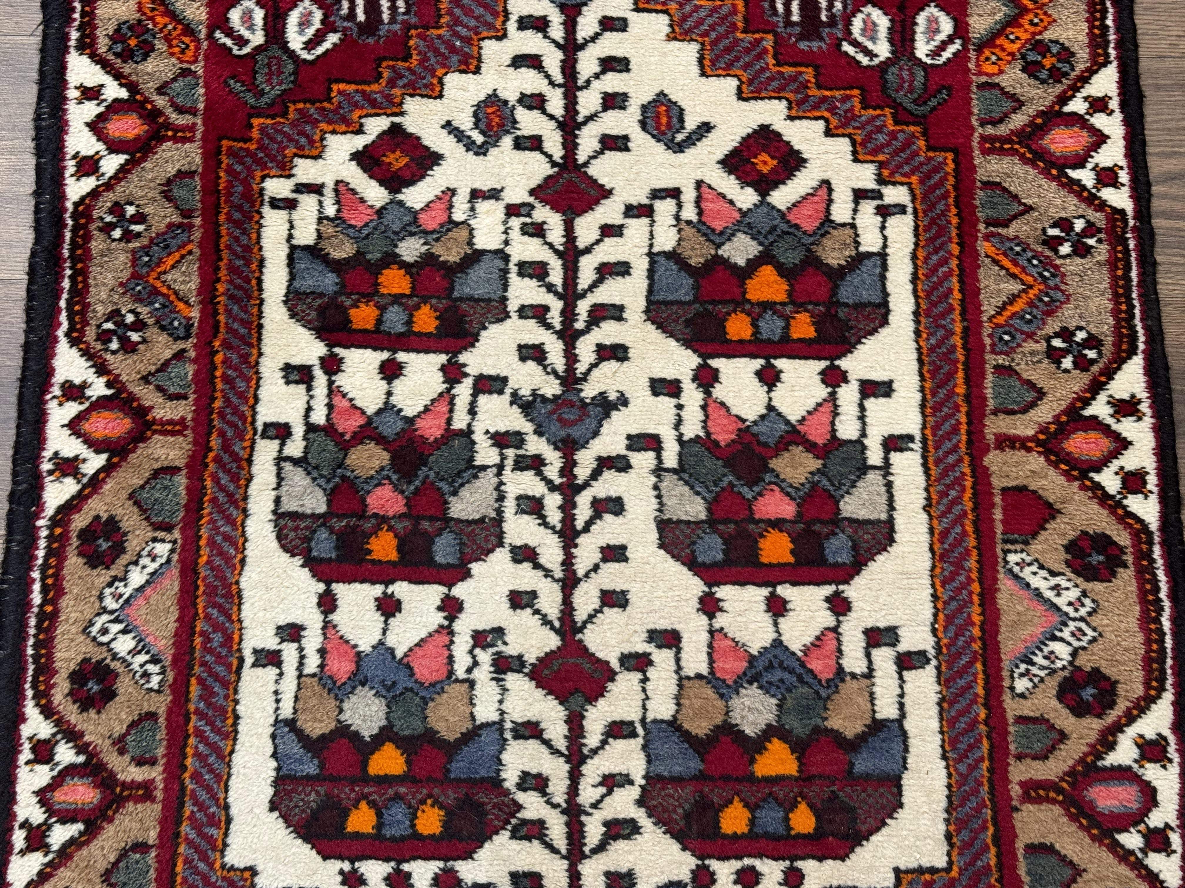 Small Persian Rug 3x4 – Ivory and Red Hand-Knotted Wool Vintage Malayer Hamadan Rug - Jewel Rugs