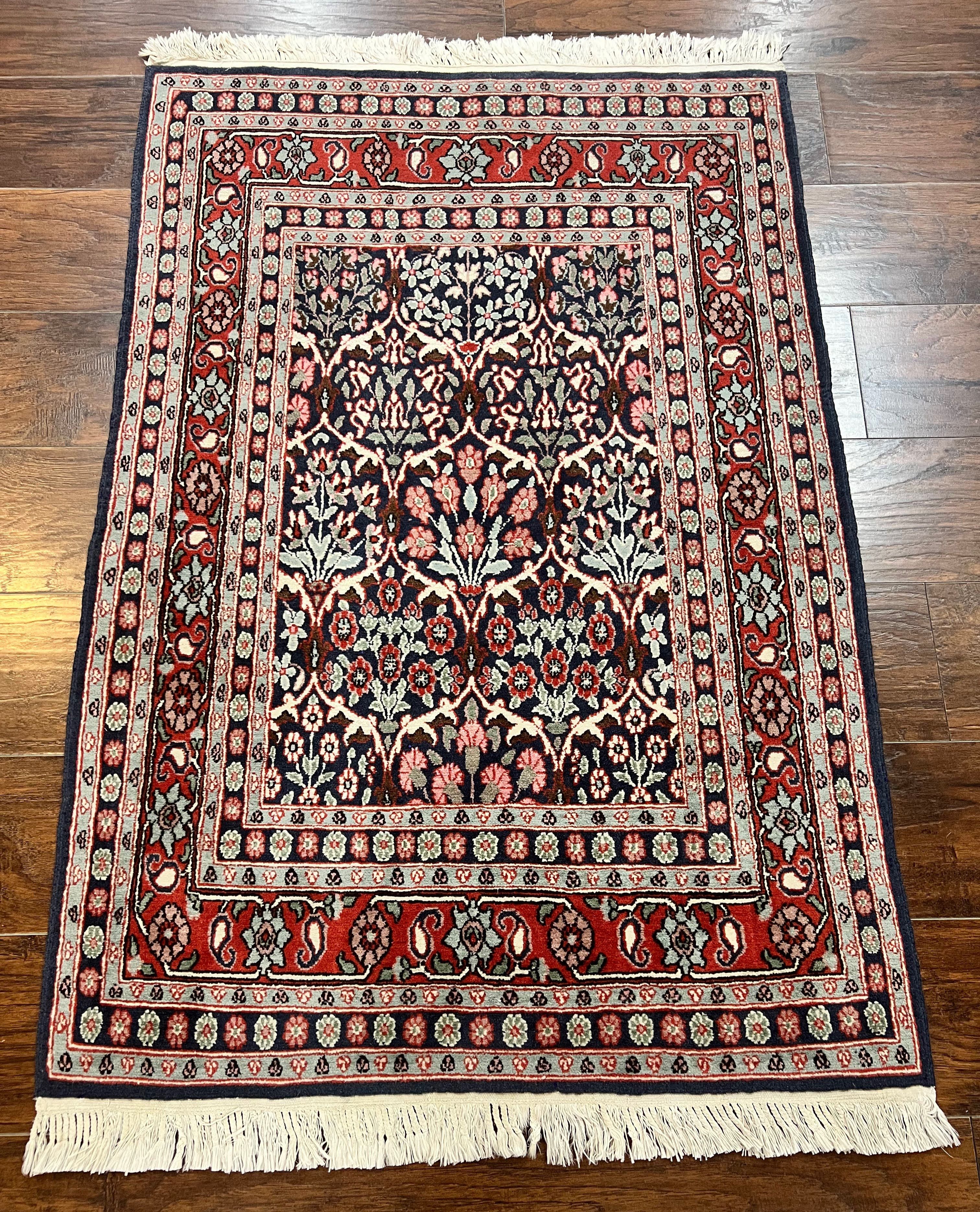Pak Persian Rug 3x4, Wool Hand Knotted Vintage Traditional Carpet, Navy Blue & Red, Very Fine Small Handmade Floral Rug - Jewel Rugs