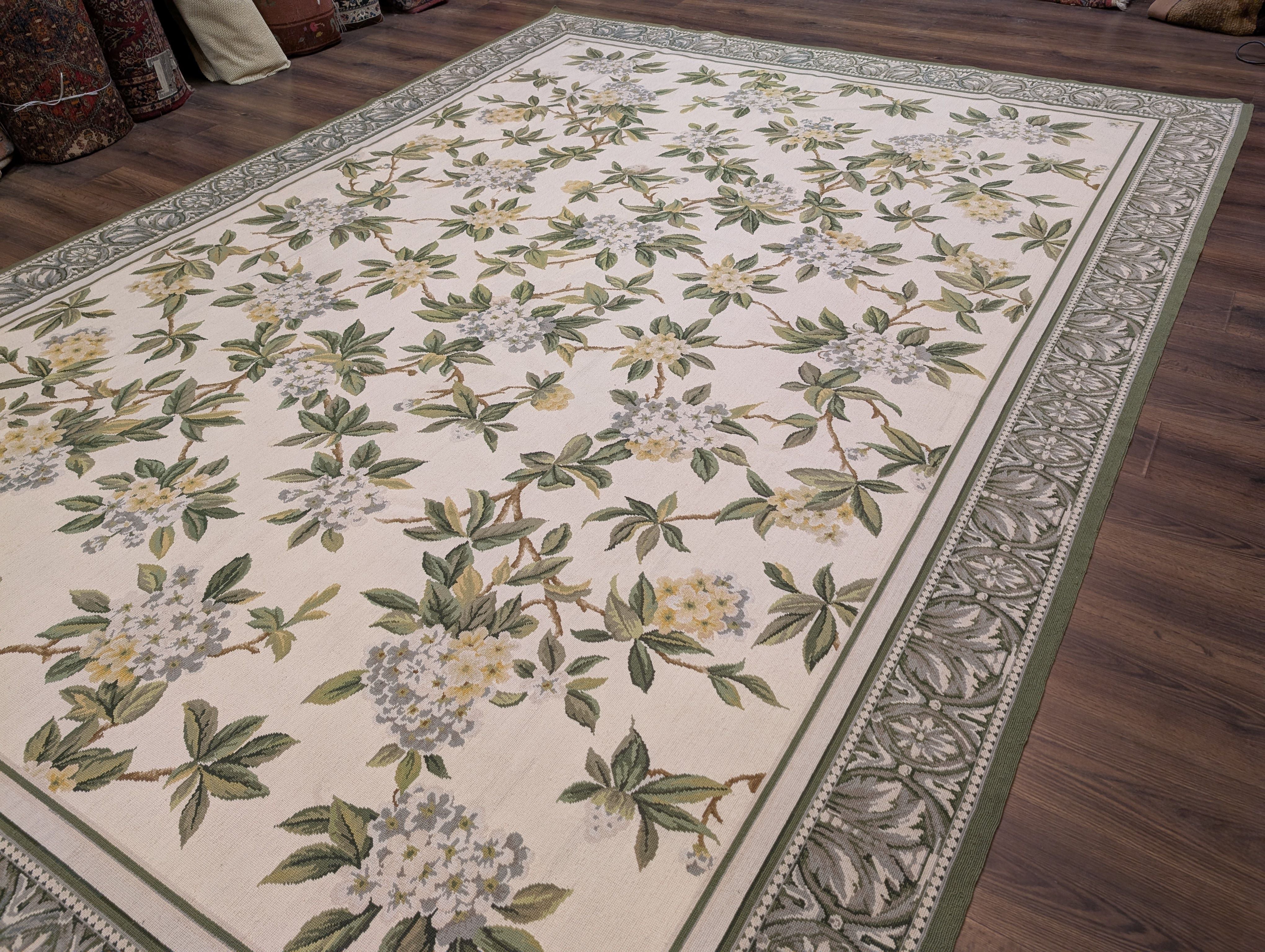 Needlepoint Rug 9x12, Floral, Ivory and Green, Wool - Jewel Rugs