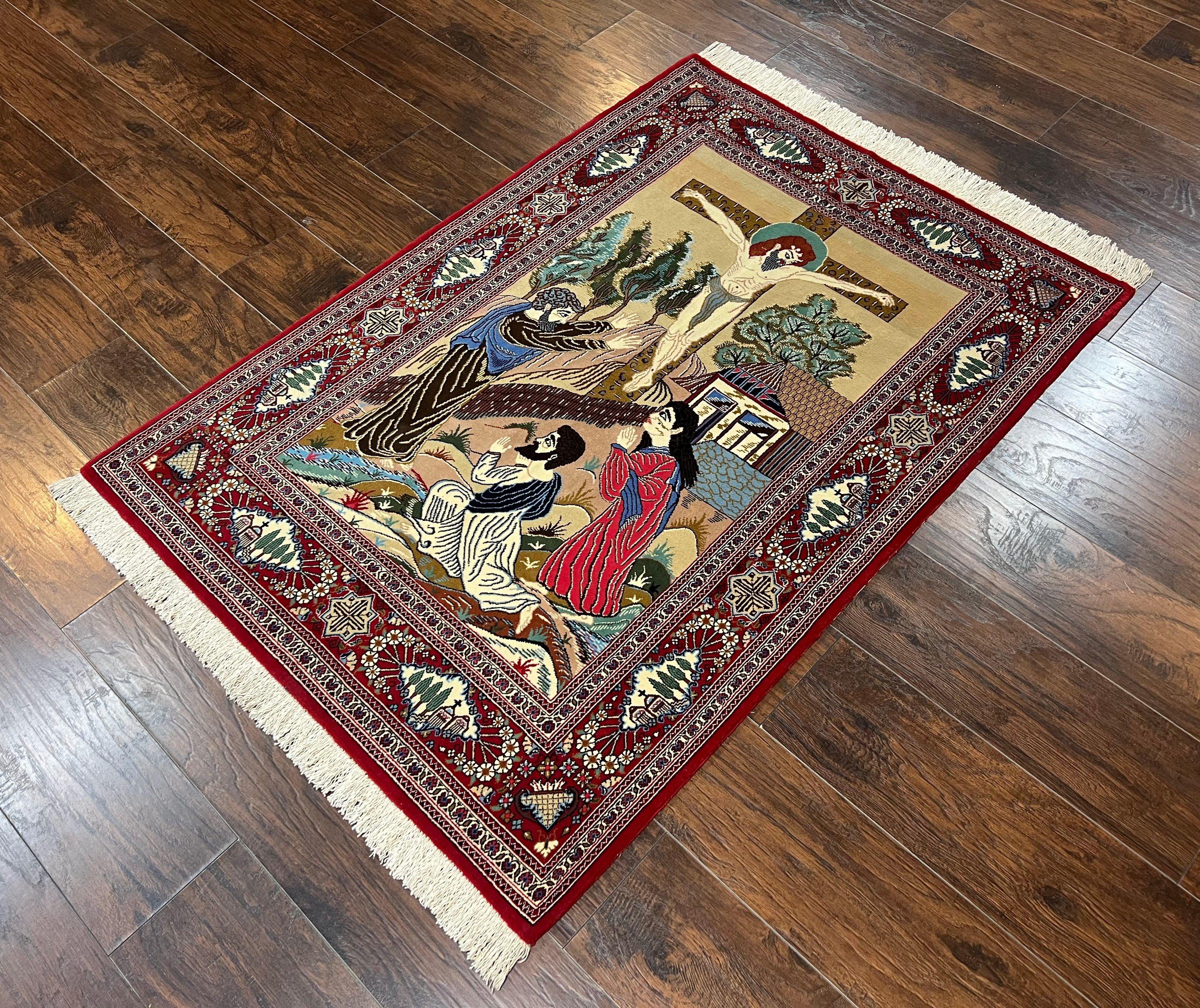 Persian Kashan Pictorial Rug 3x5 - Jesus on Cross - Jewel Rugs