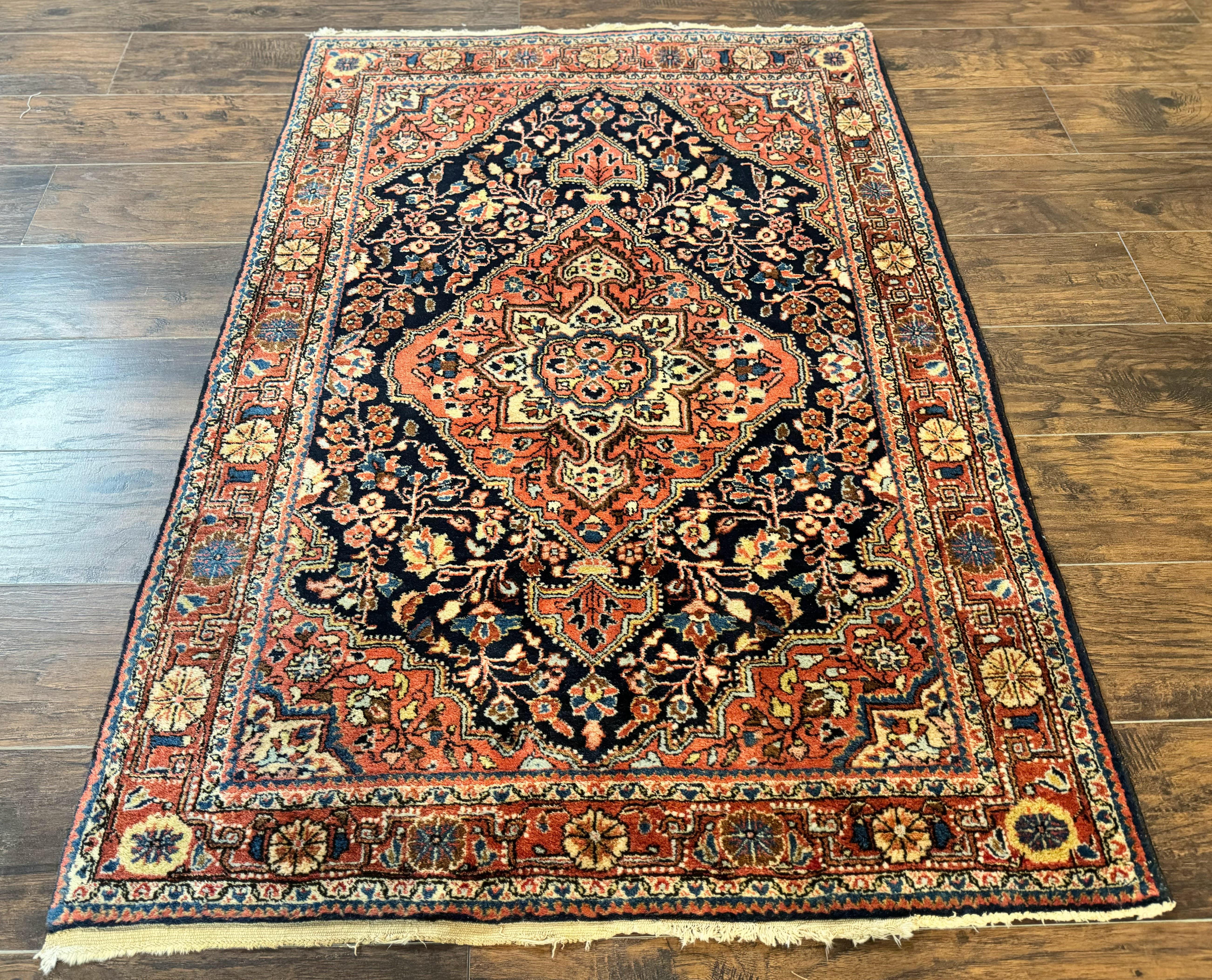 Persian Sarouk Rug 3.6 x 5, Medallion Rug, Red and Midnight Blue, Handmade Semi Antique Vintage Wool Carpet - Jewel Rugs