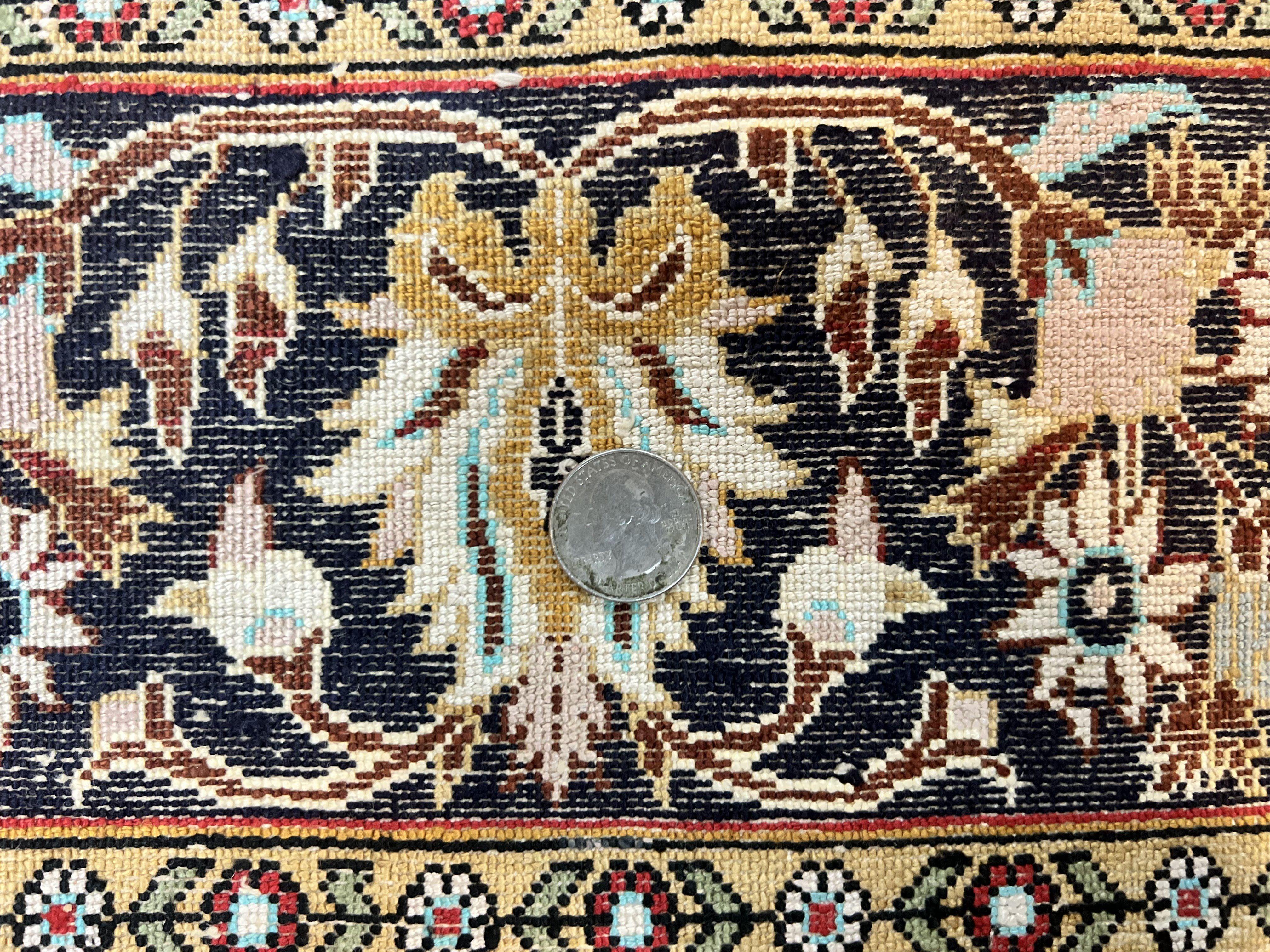 Silk Persian Qum Rug 4x5, Hand Knotted Vintage Carpet, Cream & Navy Blue, Silk Pile on Silk Foundation, Very Fine 360 KPSI - Jewel Rugs