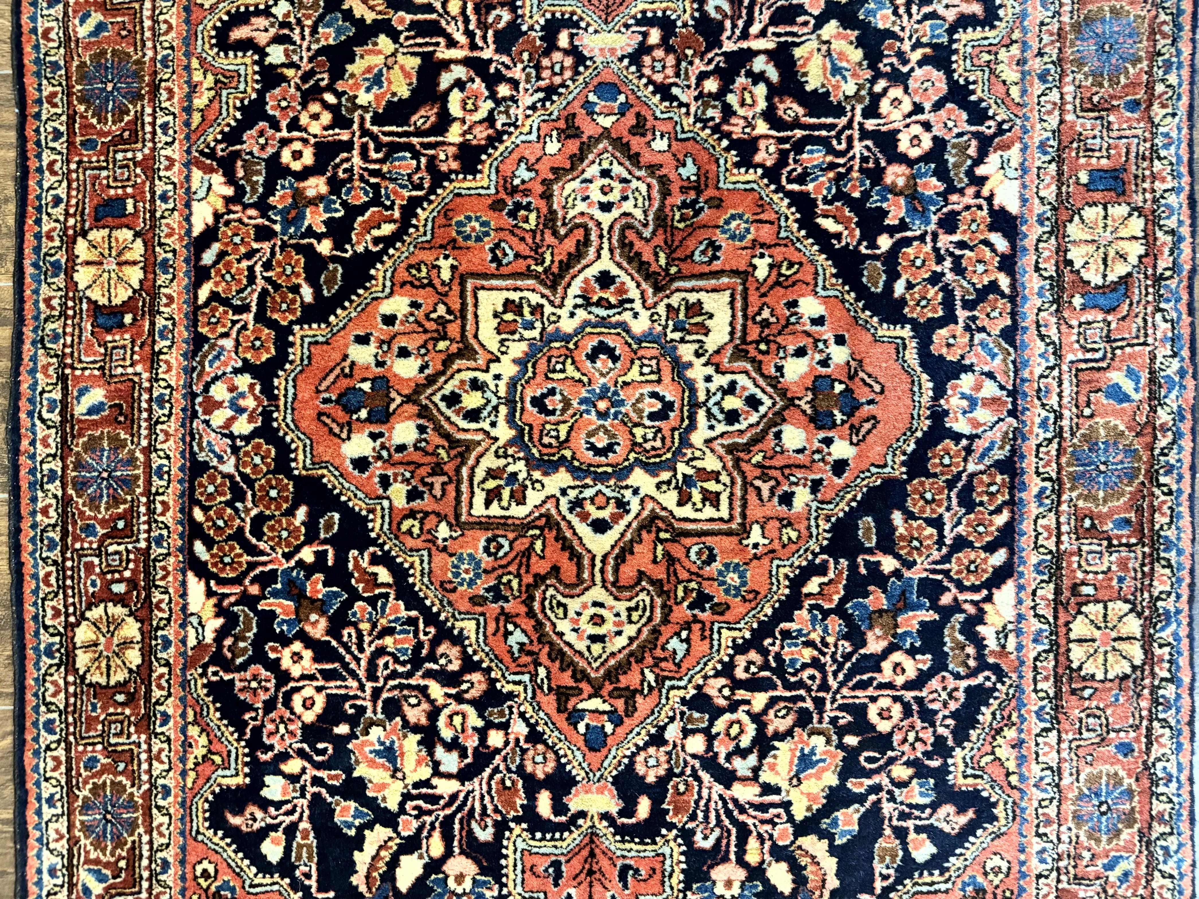 Persian Sarouk Rug 3.6 x 5, Medallion Rug, Red and Midnight Blue, Handmade Semi Antique Vintage Wool Carpet - Jewel Rugs