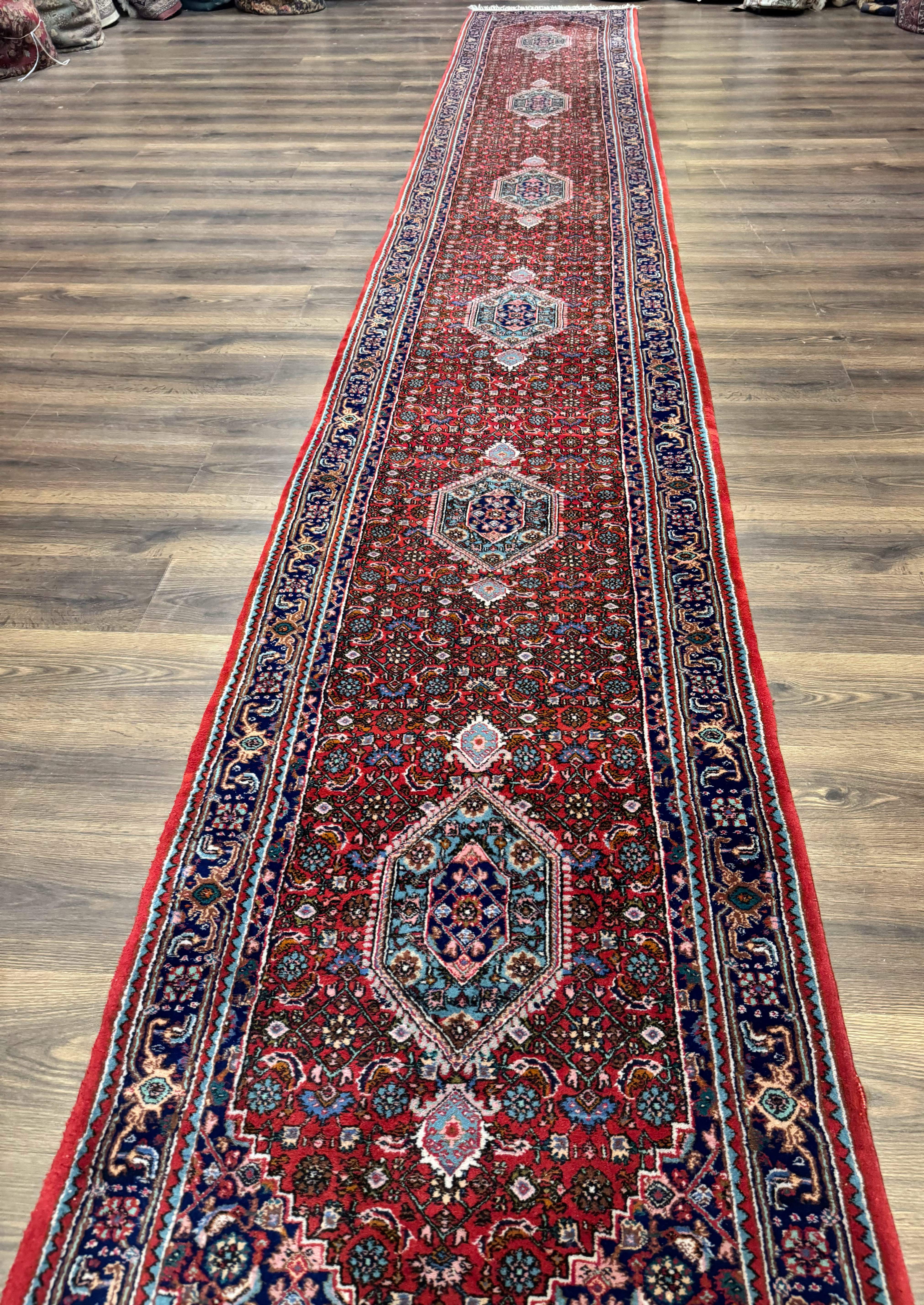 Indo Persian Bidjar Runner Rug 3 x 18.6, Red Navy Blue, Long Runner, Wool Oriental Carpet - Jewel Rugs