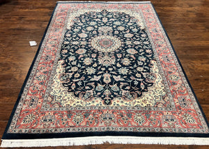 Pak Persian Rug, Floral Medallion, Dark Blue & Rose, Traditional Oriental Carpet, Handmade Wool Vintage Medium Size Rug