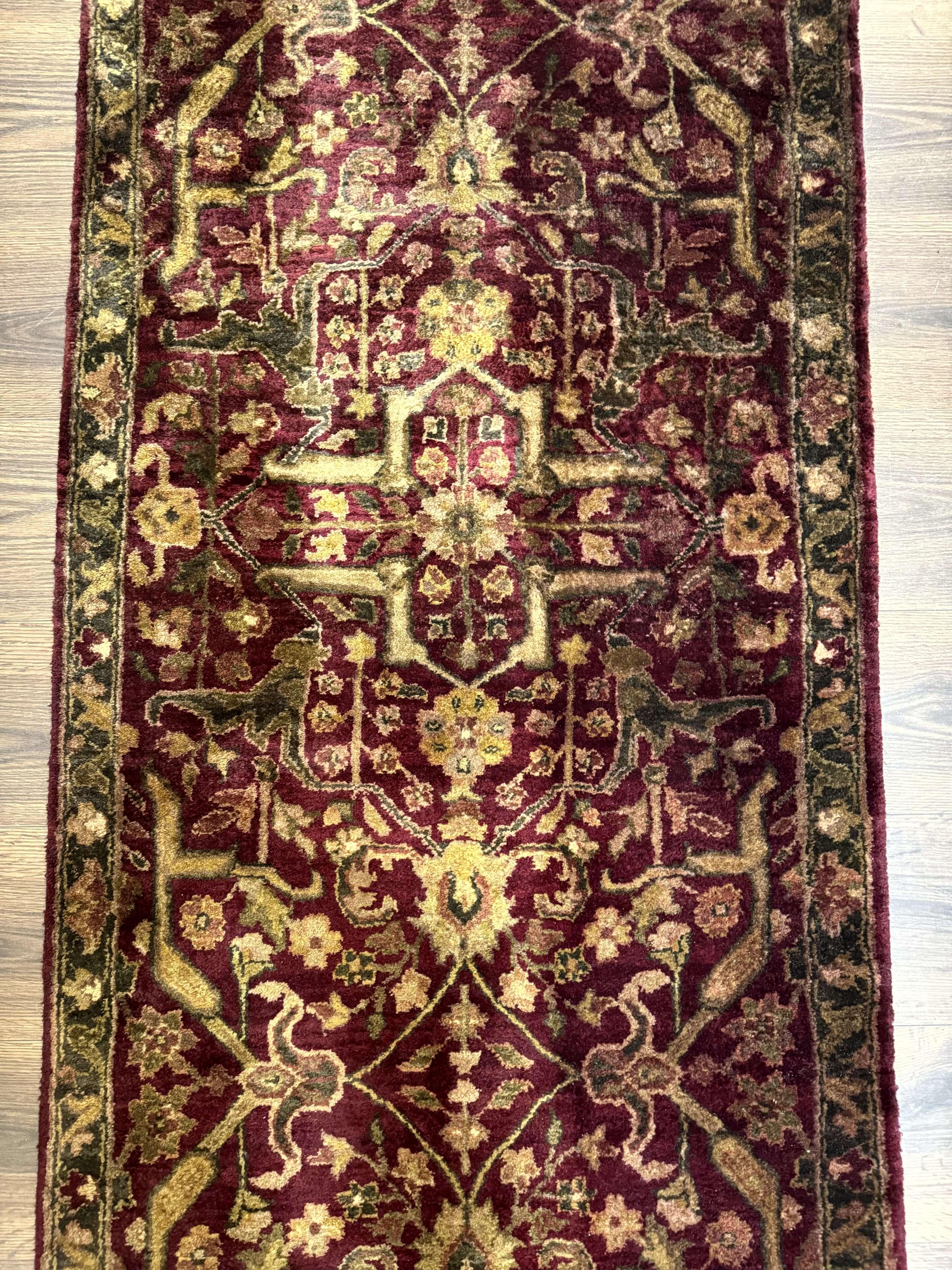 Indo Persian Runner Rug 2.7 x 13.8, Maroon, Wool, Handmade Indian Rug for Hallway - Jewel Rugs