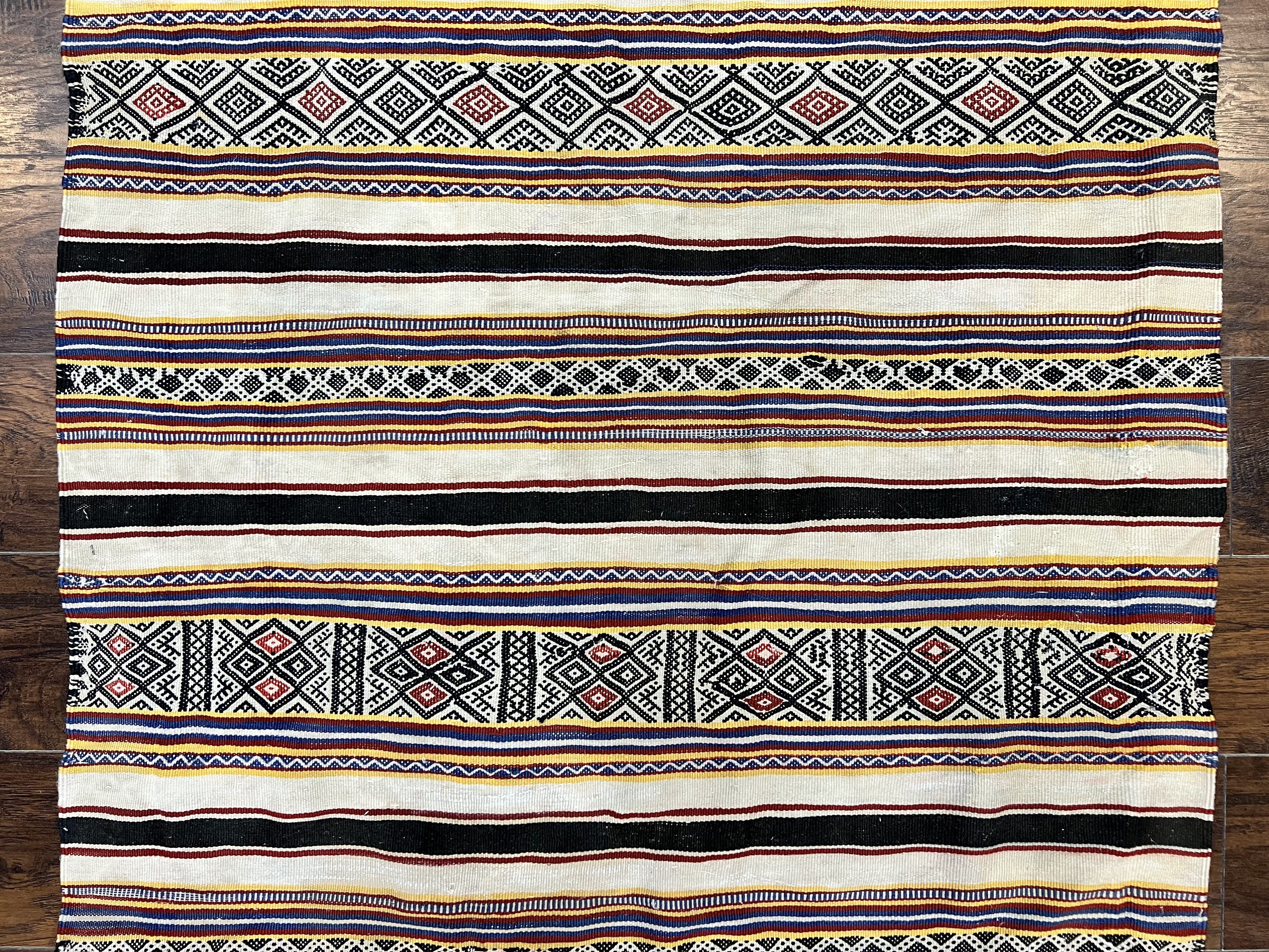 South American Kilim Rug 4x7 ft, Wool Handmade Vintage Carpet, Ivory Black Multicolor Stripes, Bohemian Blanket Rug, Flatweave Area Rug - Jewel Rugs