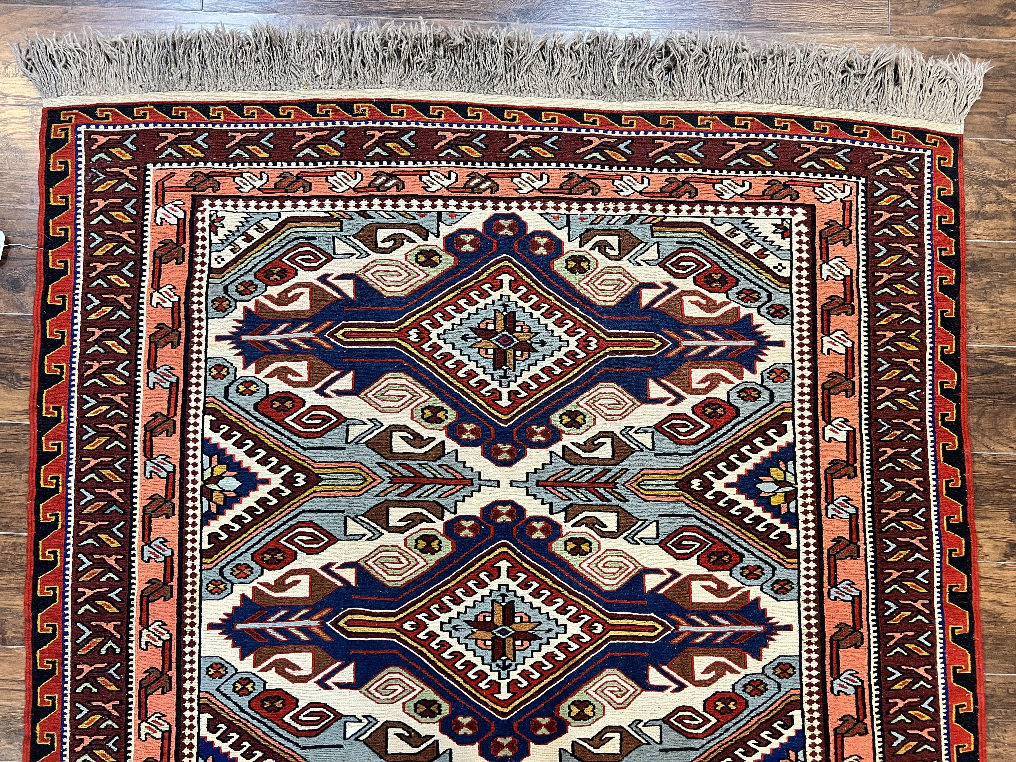 Russian Soumak Rug 6x8, Wool Handmade Antique Kilim Carpet, Multicolor 6 x 8 Geometric Medallions Caucasian Rug, Medium Size - Jewel Rugs