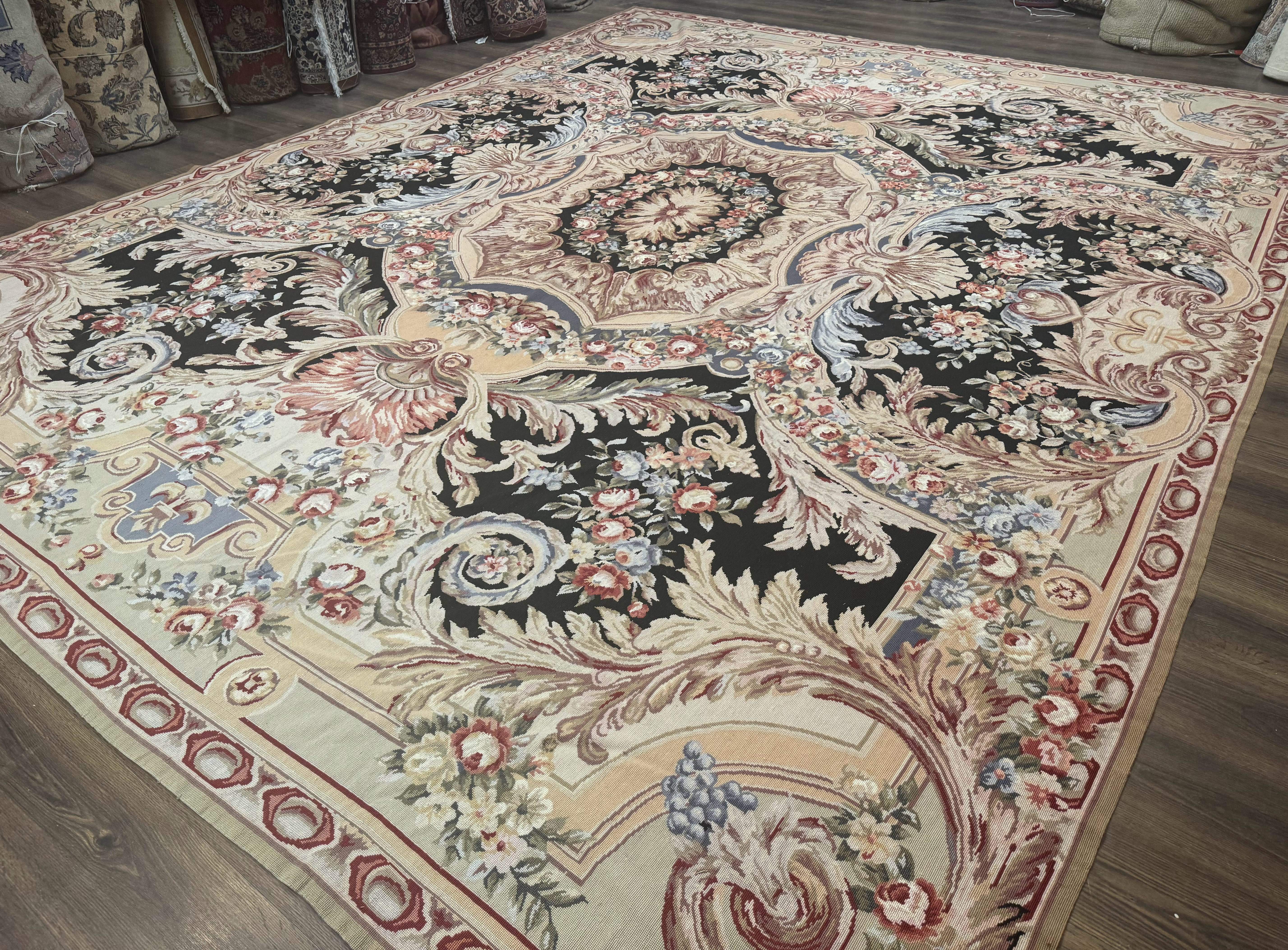 Wonderful Needlepoint Rug 10x14, Large Aubusson Carpet, Floral, Elegant, European Design - Jewel Rugs
