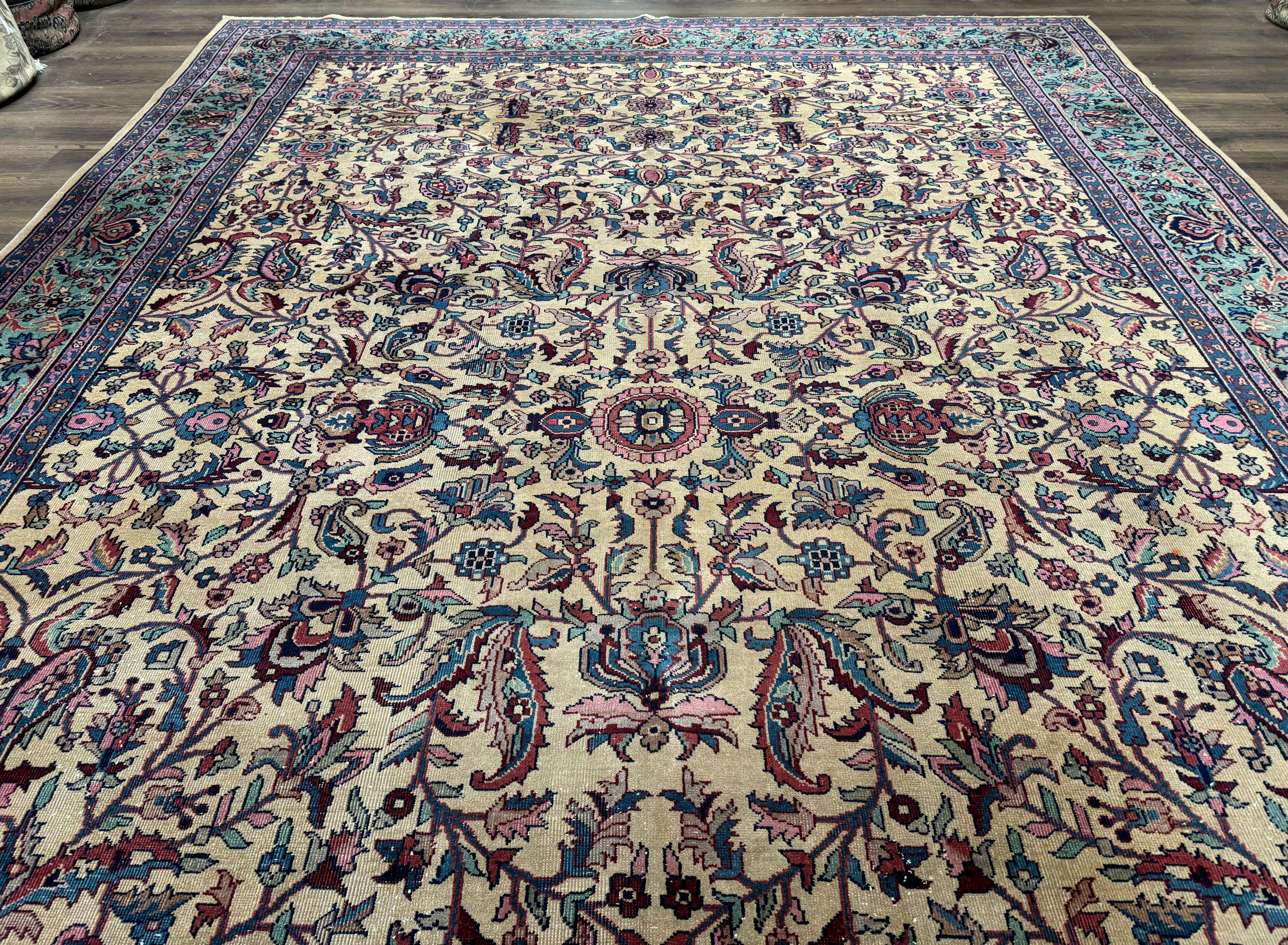 Antique Persian Rug 10x15, Camel and Cyan, Allover Pattern, Rare, Samarkand Rug - Jewel Rugs
