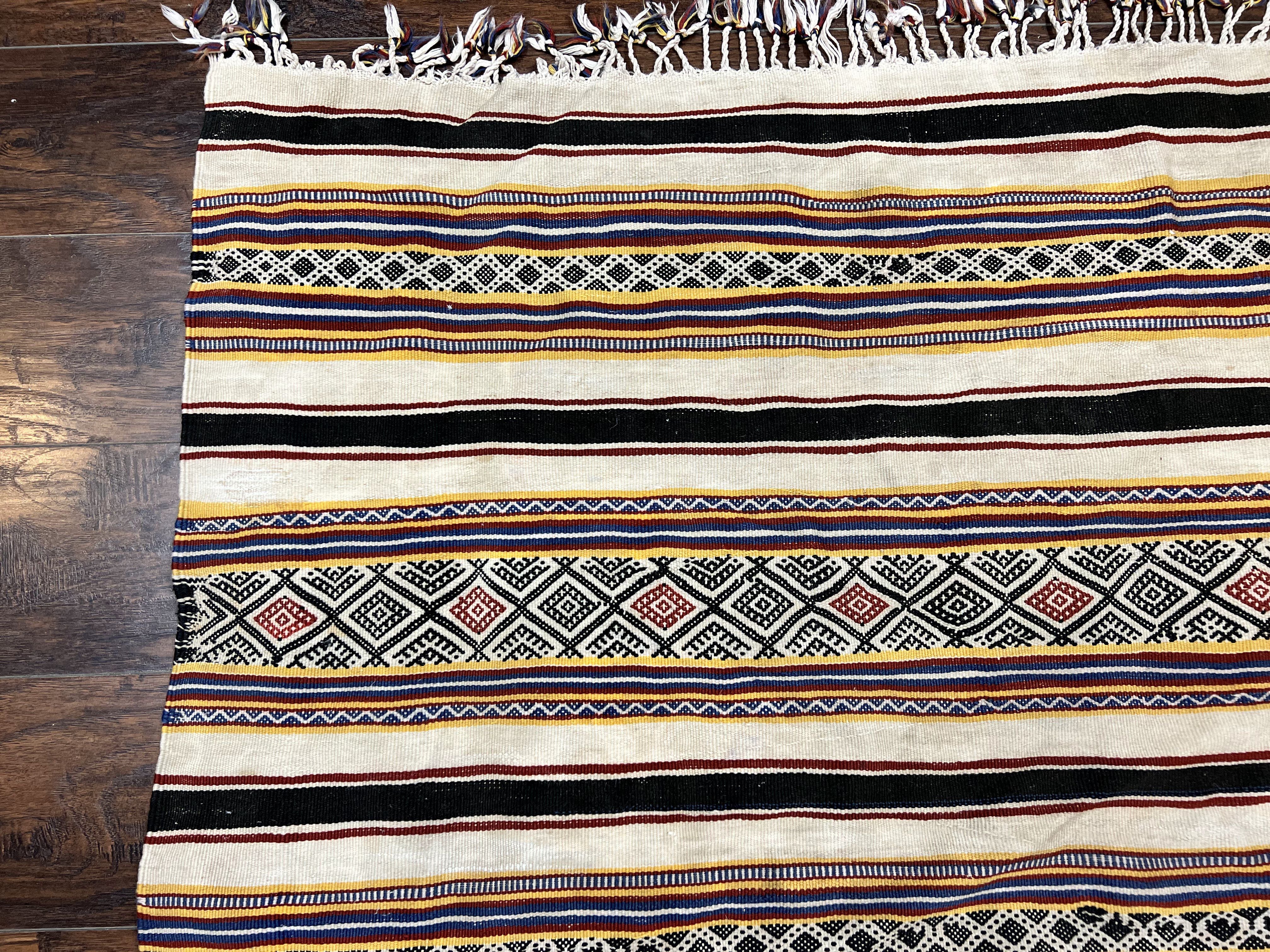 South American Kilim Rug 4x7 ft, Wool Handmade Vintage Carpet, Ivory Black Multicolor Stripes, Bohemian Blanket Rug, Flatweave Area Rug - Jewel Rugs