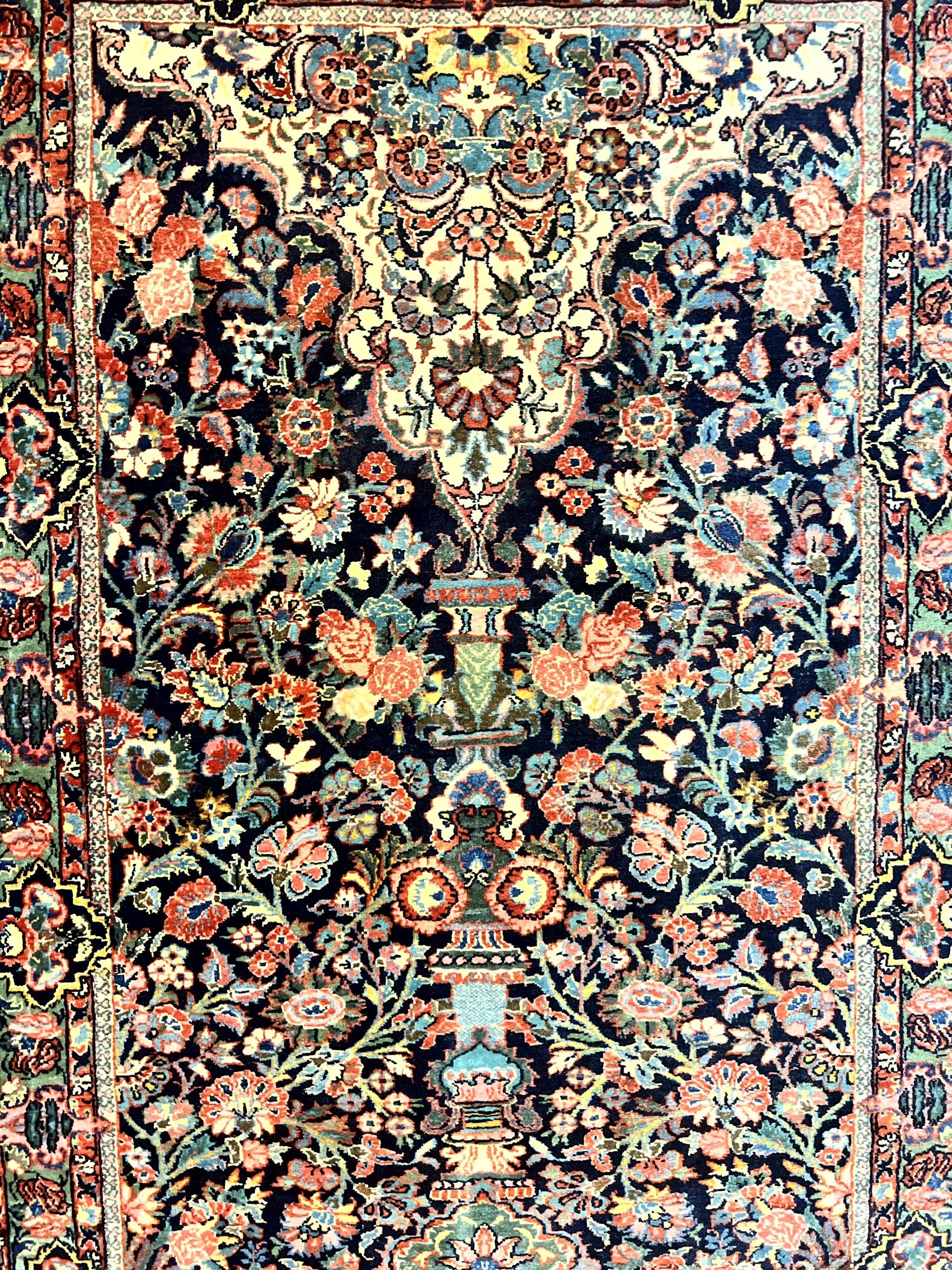 Persian Saoruk Rug 4x5, Navy Blue and Red, Floral, Antique Persian Wool Carpet, Handmade - Jewel Rugs