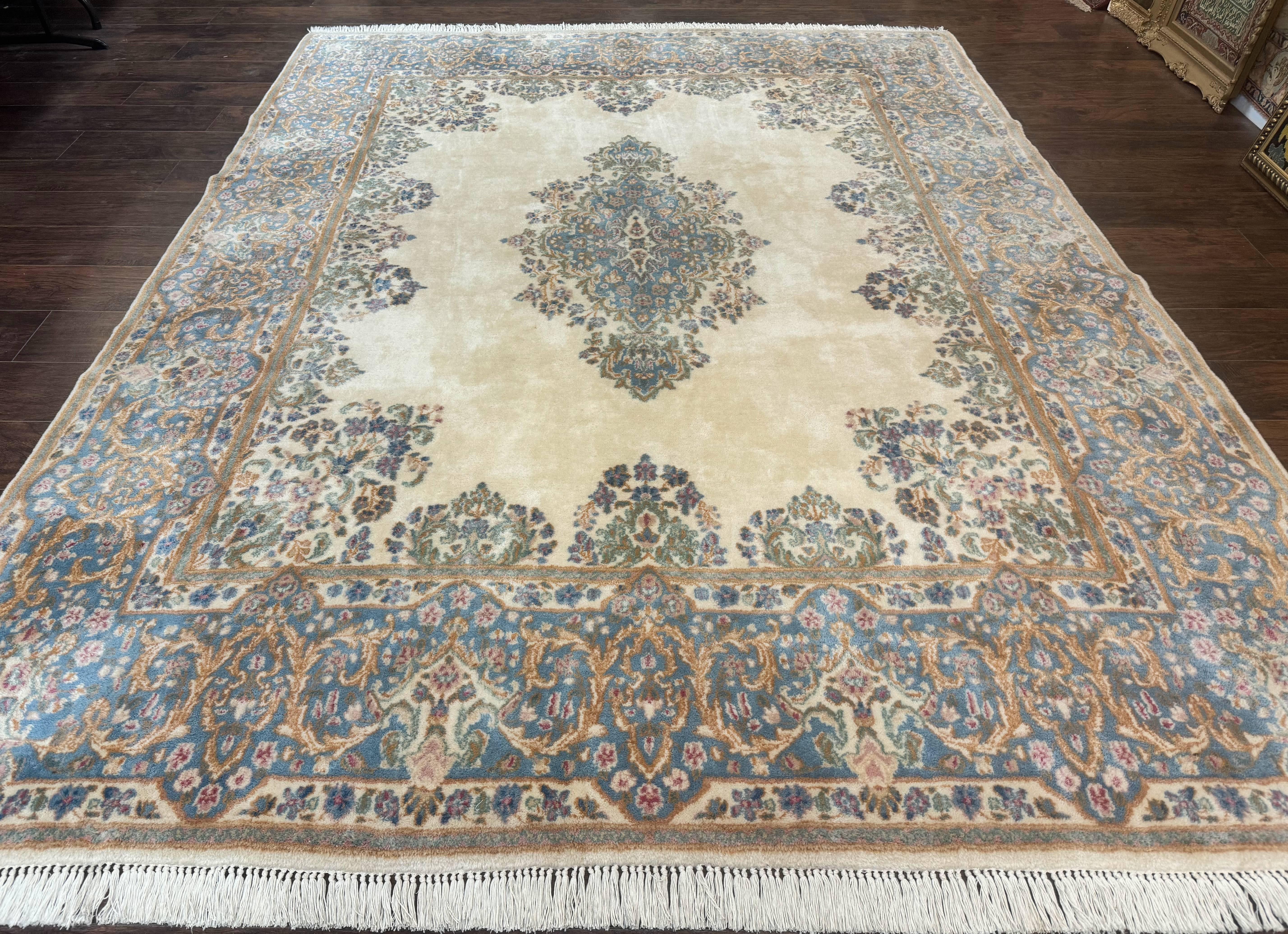 Persian Floral Kirman Rug 8x10, Ivory/Cream and Light Blue, Pastel Colors, Handmade Vintage Wool Carpet, Semi Open Field - Jewel Rugs