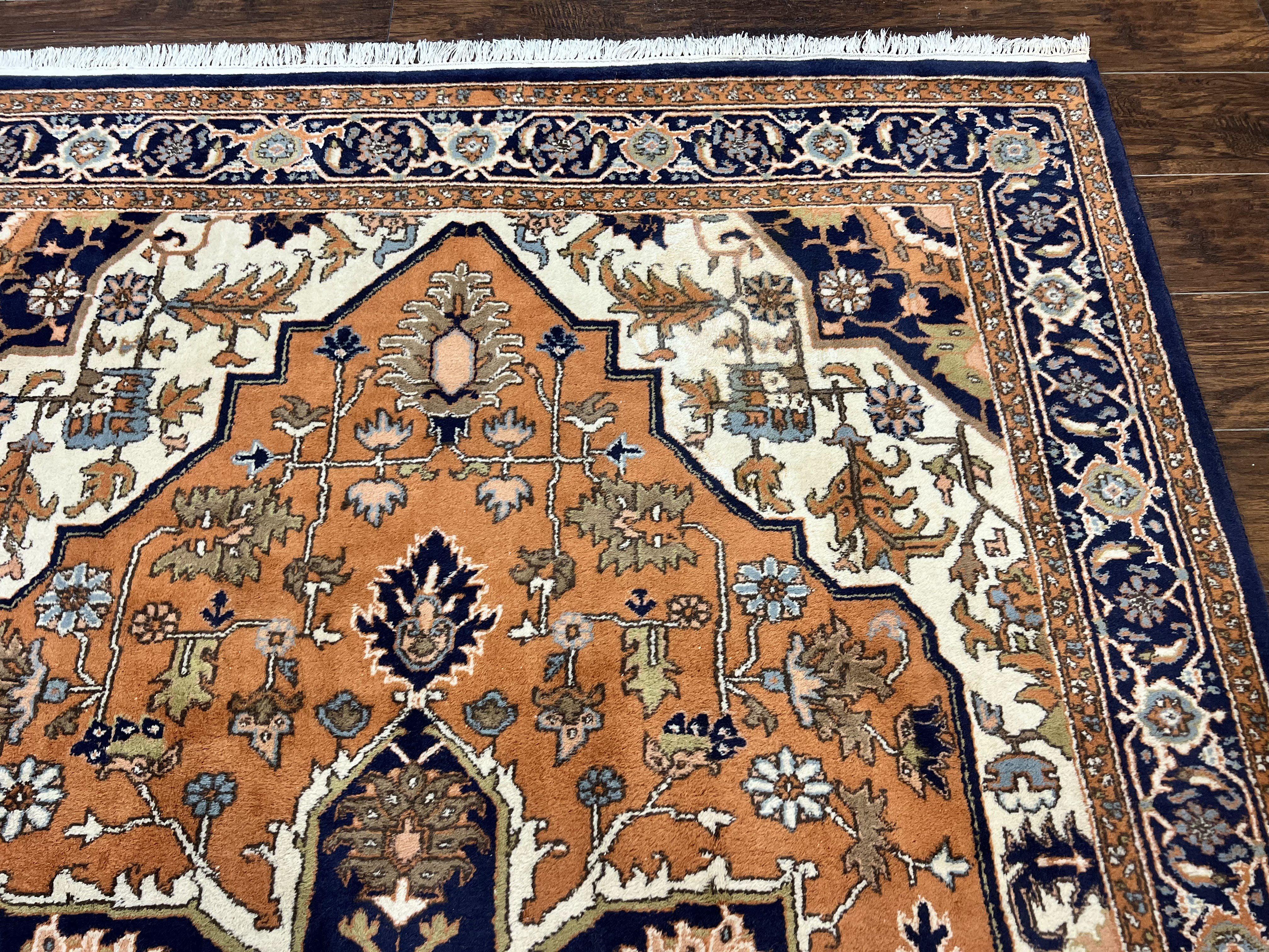 Indo Heriz Rug 6x8, Wool Hand Knotted Vintage Oriental Carpet, Orange-Red Ivory & Navy Blue, Medallion Rug, Handmade Indo Persian Rug - Jewel Rugs