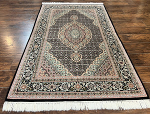 Sino Persian Rug 4x6, Fine Hand Knotted Carpet, Black, Wool, Vintage Rug 4 x 6, Herati Mahi, 300 KPSI