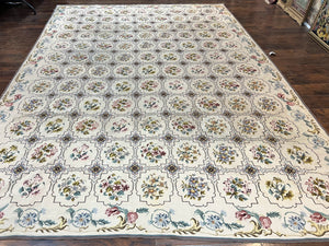 Needlepoint Rug 10x14, Wool Handmade Vintage Needlepoint Carpet, Floral Panel Design, Ivory/Cream