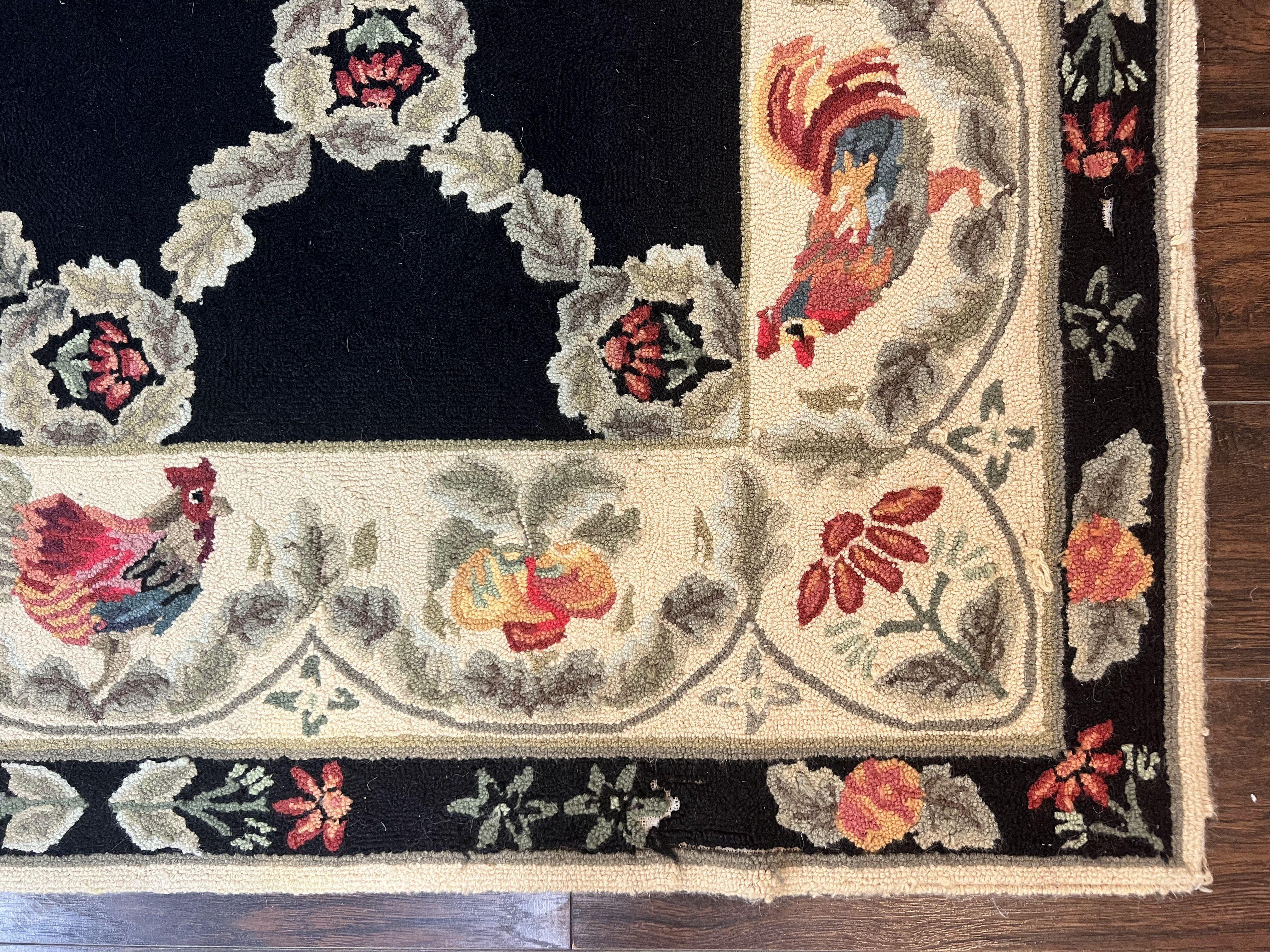 Hooked Rug 5x8, European Aubusson Pattern, Black and Ivory, Roses & Roosters, Vintage Wool Rug - Jewel Rugs