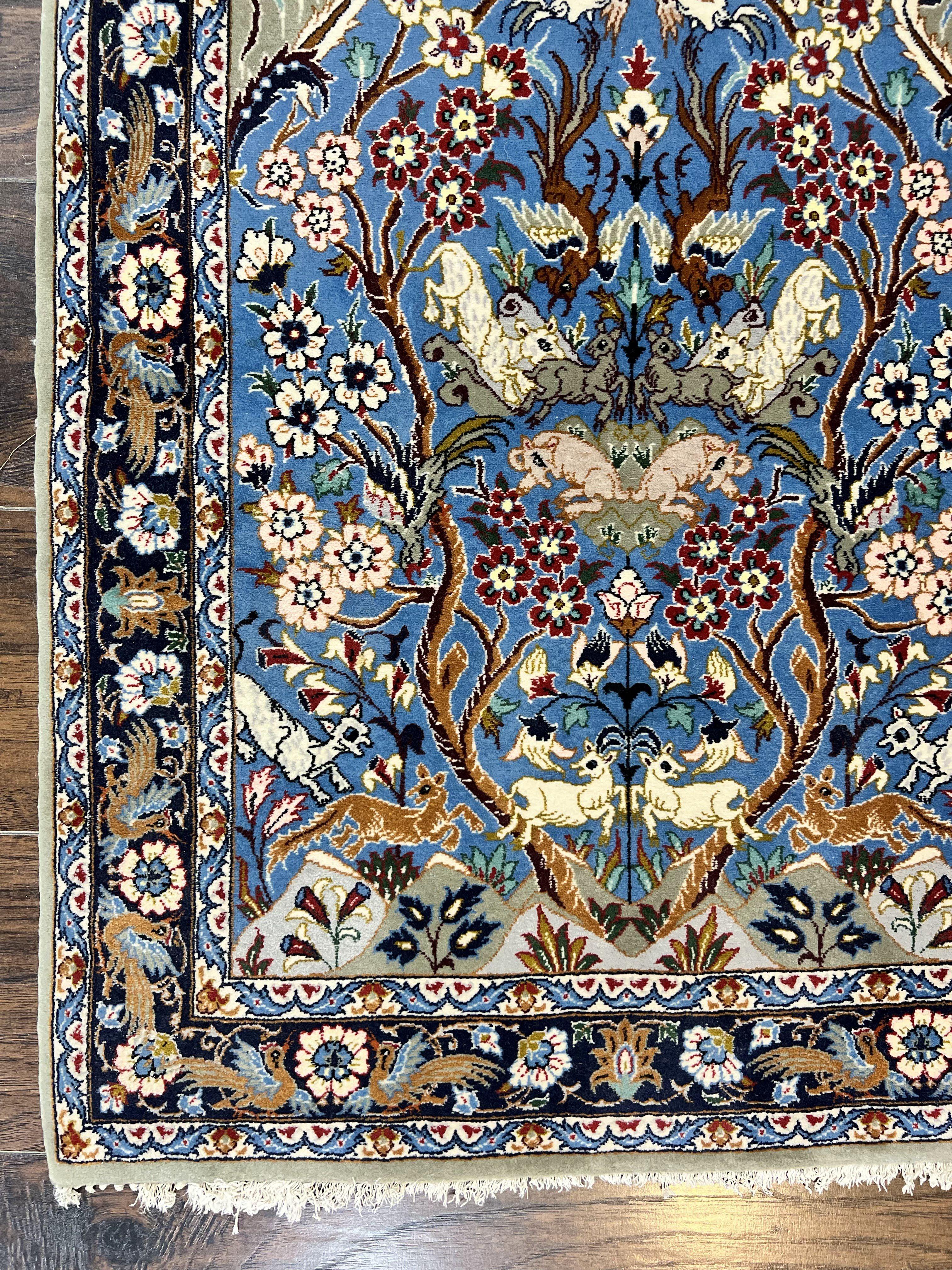 Persian Isfahan Tree of Life Rug 2.5 x 3.8, Animal & Bird Pictorials, Super Fine 500 KSPI, Blue, Handmade, Kork Wool Silk Highlights, Vintage - Jewel Rugs