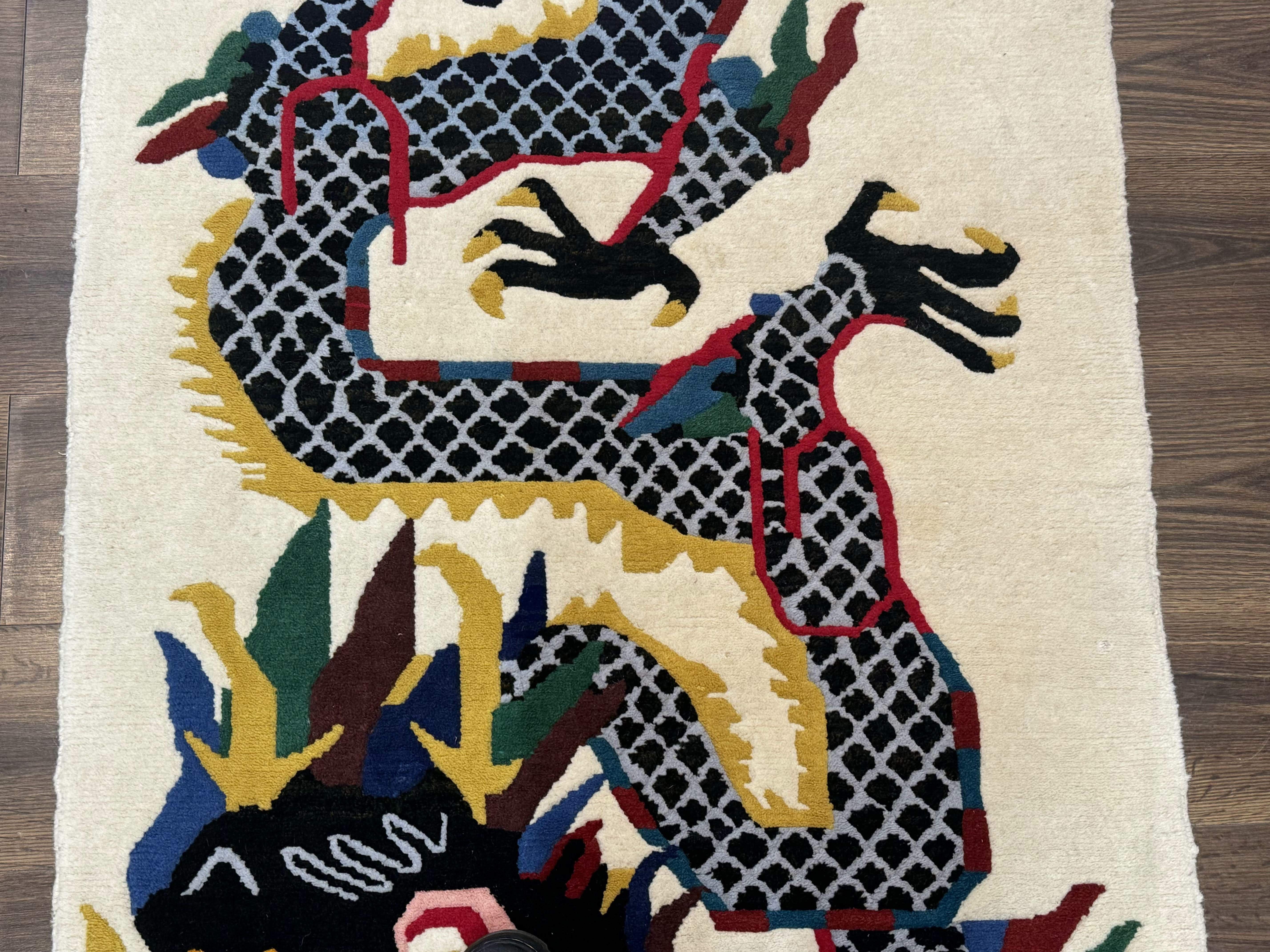 Chinese Dragon Rug 3x5 – Ivory, Hand-Knotted Wool, Vintage Carpet - Jewel Rugs