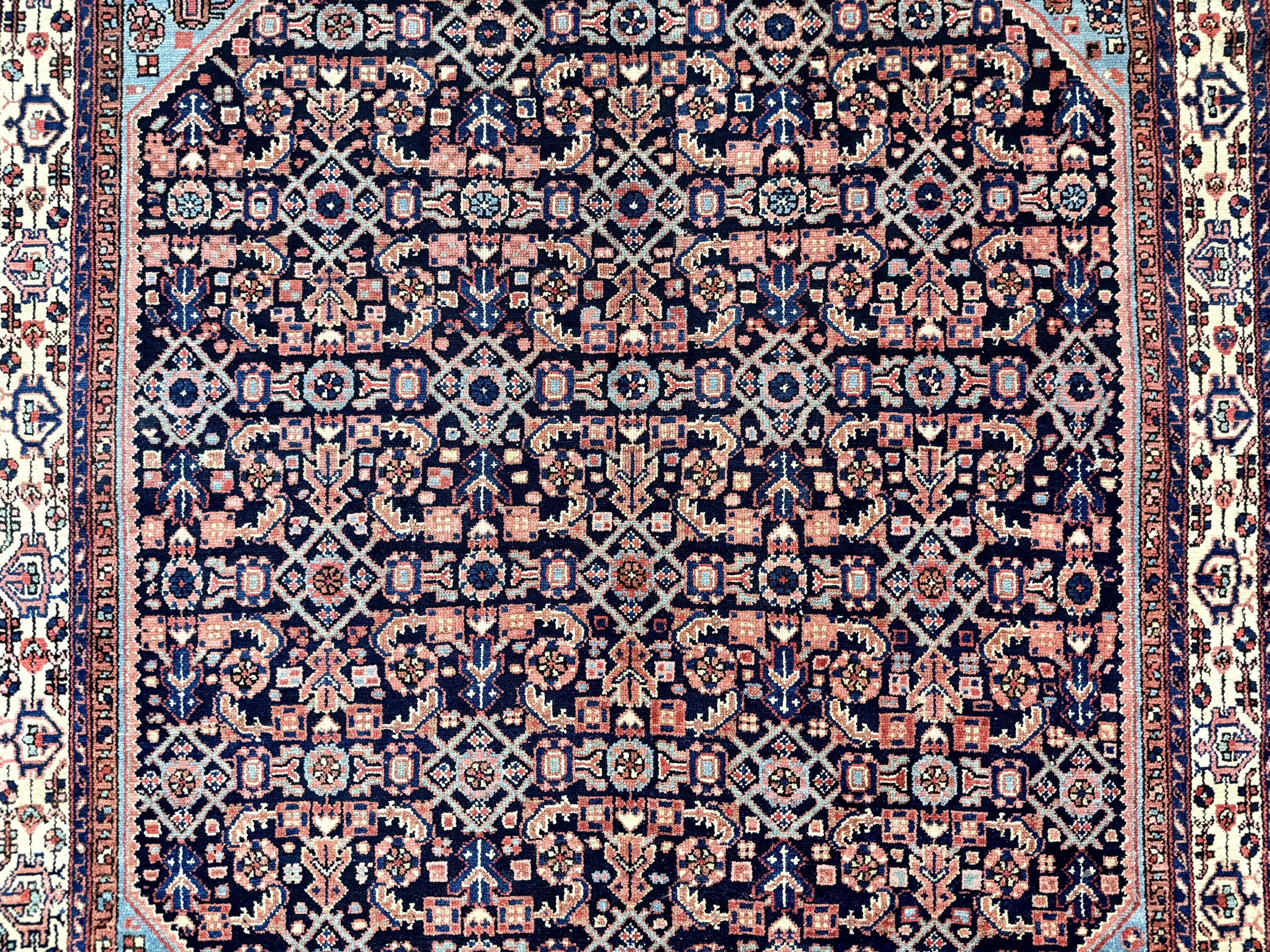 Antique Persian Rug 5 x 6.7, Navy Blue & Ivory, Handmade Persian Wool Carpet, Hamadan Angelas Rug - Jewel Rugs