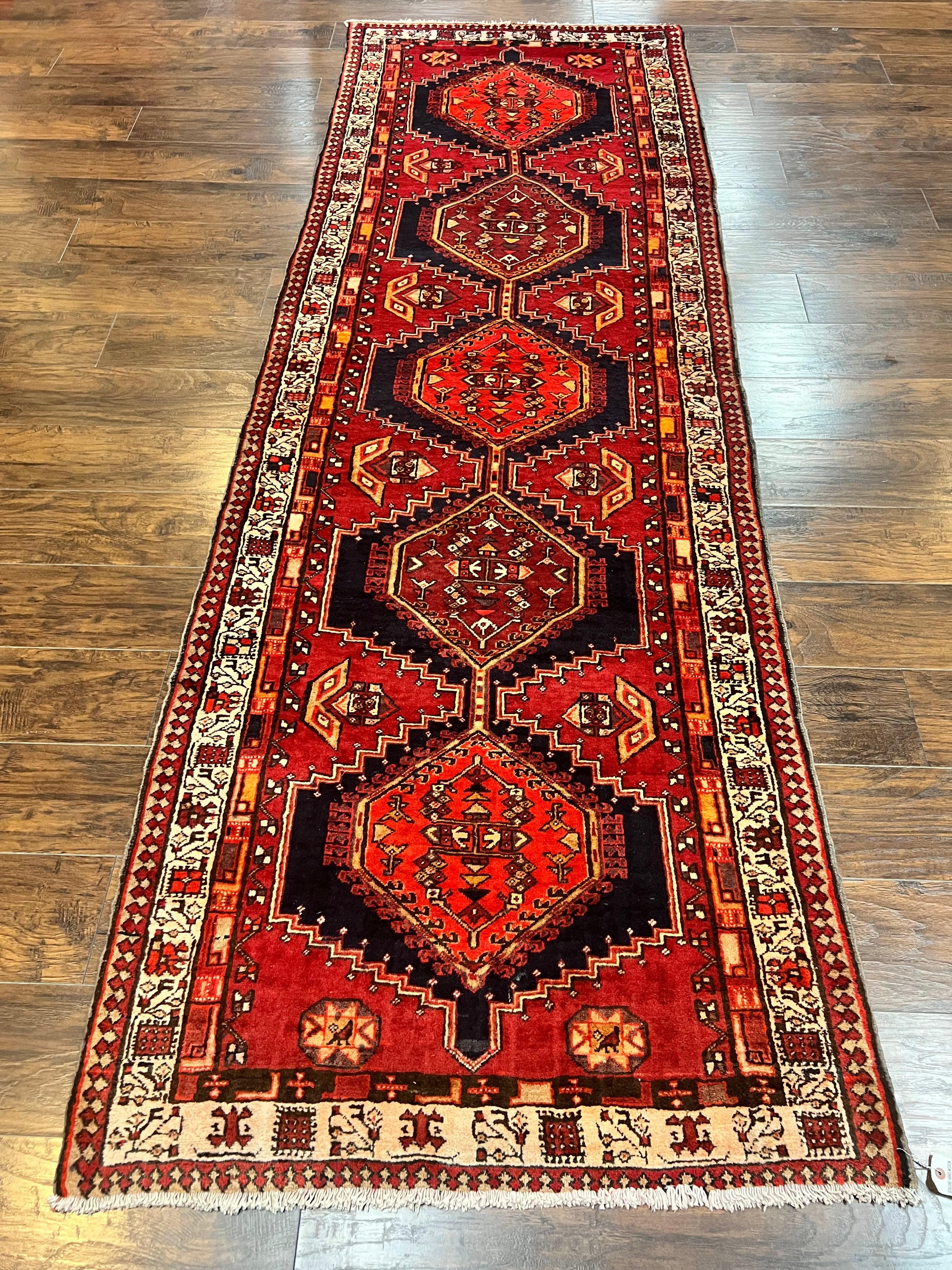 Persian Heriz Runner Rug 3.7 x 11, Persian Tribal Runner, Handmade Wool, Medallions, Geometric, Red, Antique Vintage Hand Knotted Rug - Jewel Rugs