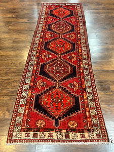 Persian Heriz Runner Rug 3.7 x 11, Persian Tribal Runner, Handmade Wool, Medallions, Geometric, Red, Antique Vintage Hand Knotted Rug