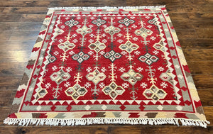 Indian Kilim Rug 6x6, Square Kilim Flatweave Carpet, Vintage Handmade Wool Rug, Red