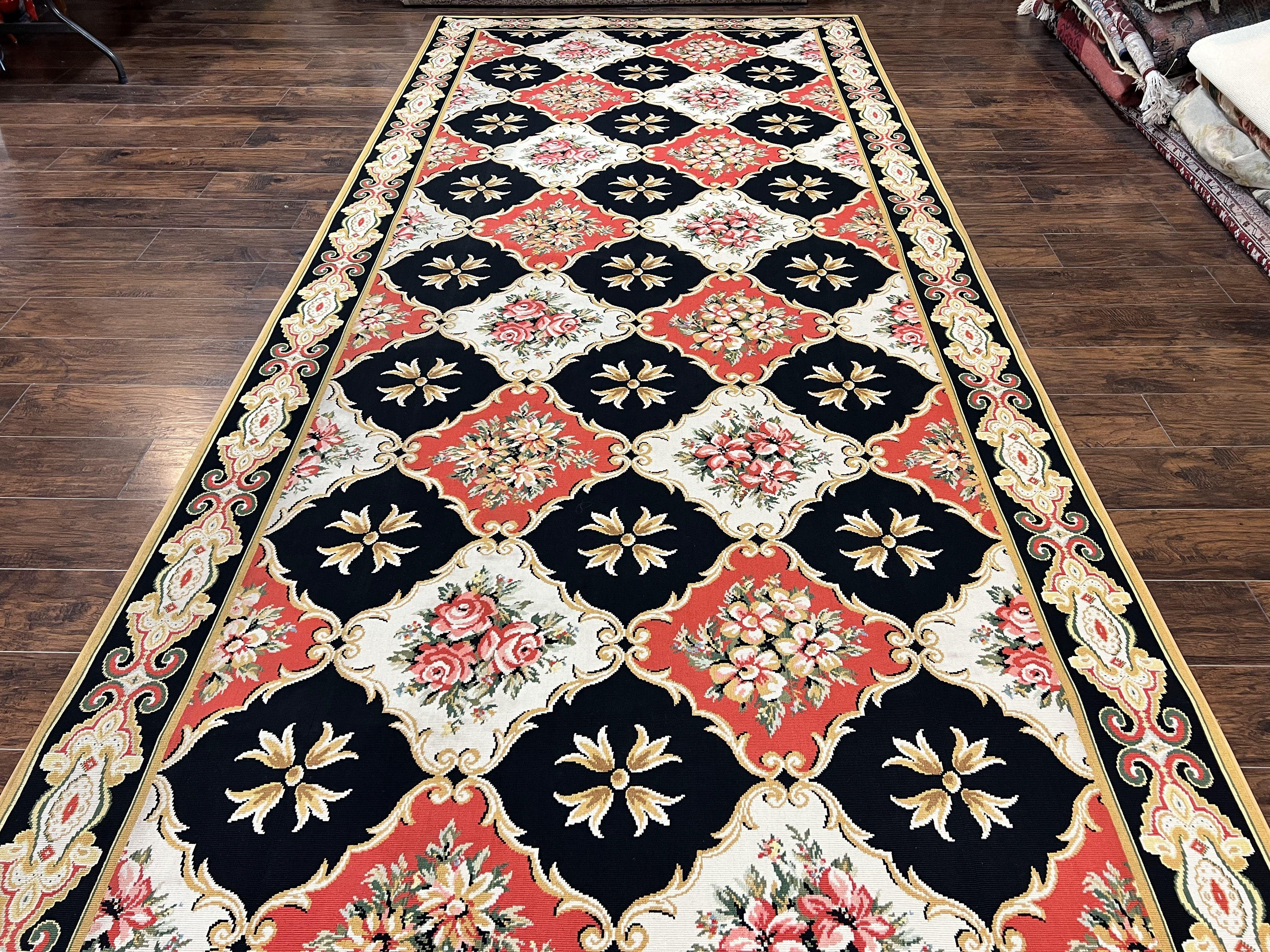 Wide Runner Rug 6x17 ft, Custom Made Vintage Stark Carpet 6 x 17 ft, Red Black Ivory, Corridor Hallway Rug, European Panel Design, Floral - Jewel Rugs
