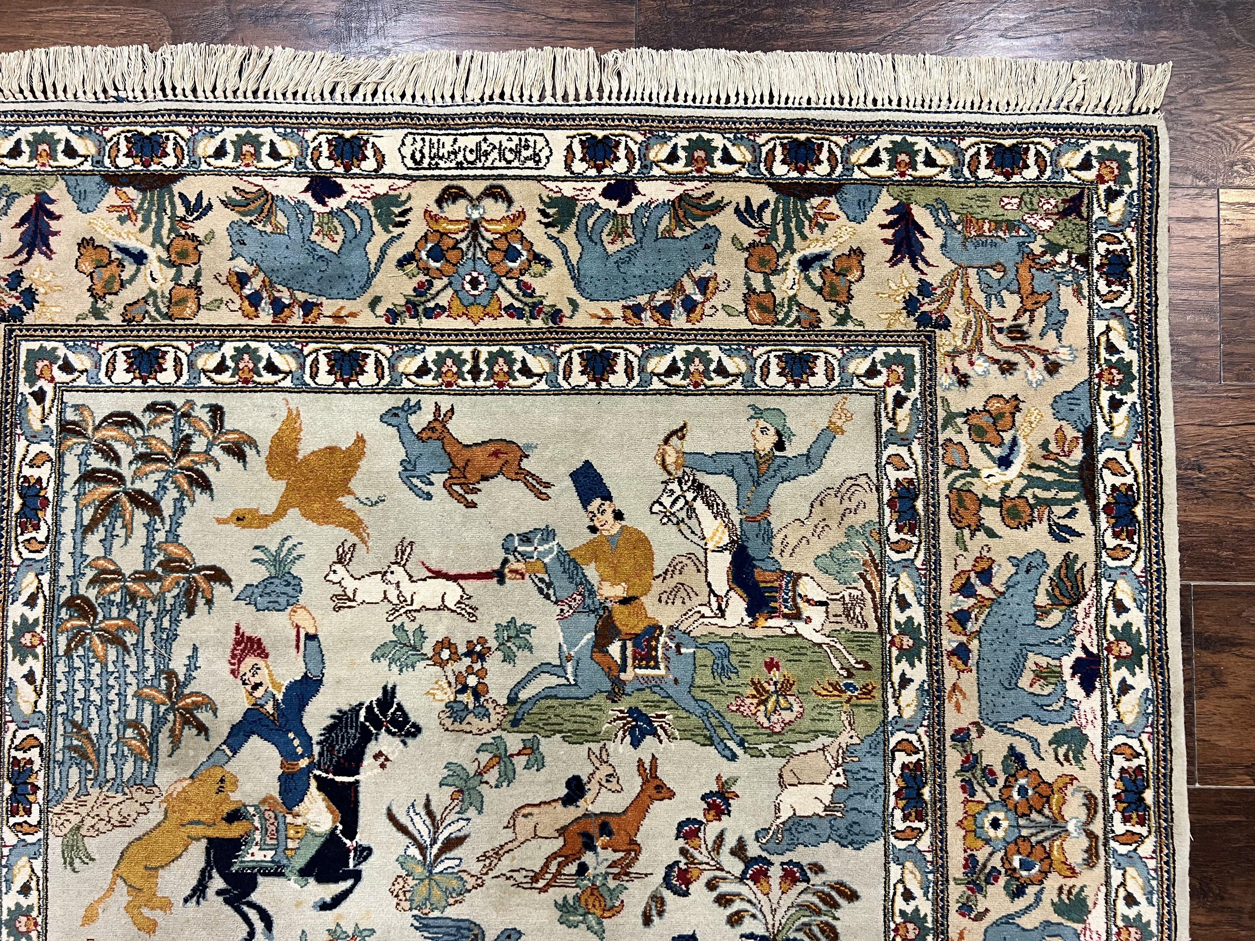 Persian Kashan Pictorial Rug 4.6 x 7, Hunting Scene, SIgned by Masterweaver, Animal Pictorials, Rare, Handmade, Wool, Vintage, Very Fine - Jewel Rugs