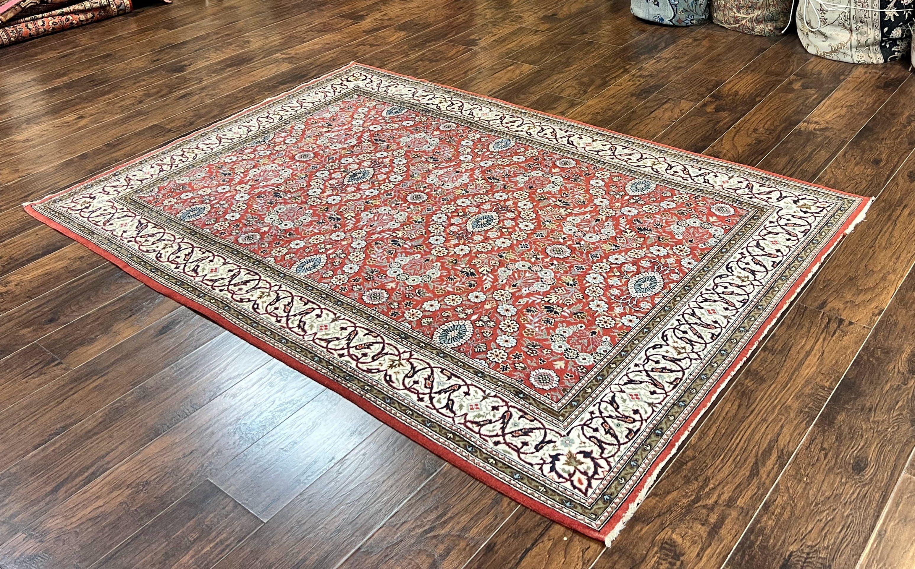 Red Persian Qum Rug 5 x 7.6, Hand Knotted Vintage Wool Fine Carpet 270 KPSI, Floral Allover - Jewel Rugs